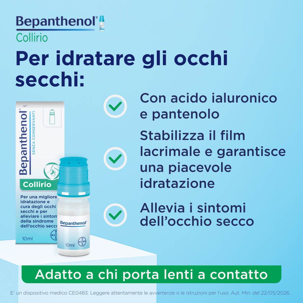Bepanthenol Collirio: Acido ialuronico, pantenolo, stabilizza film lacrimale, per portatori di lenti.