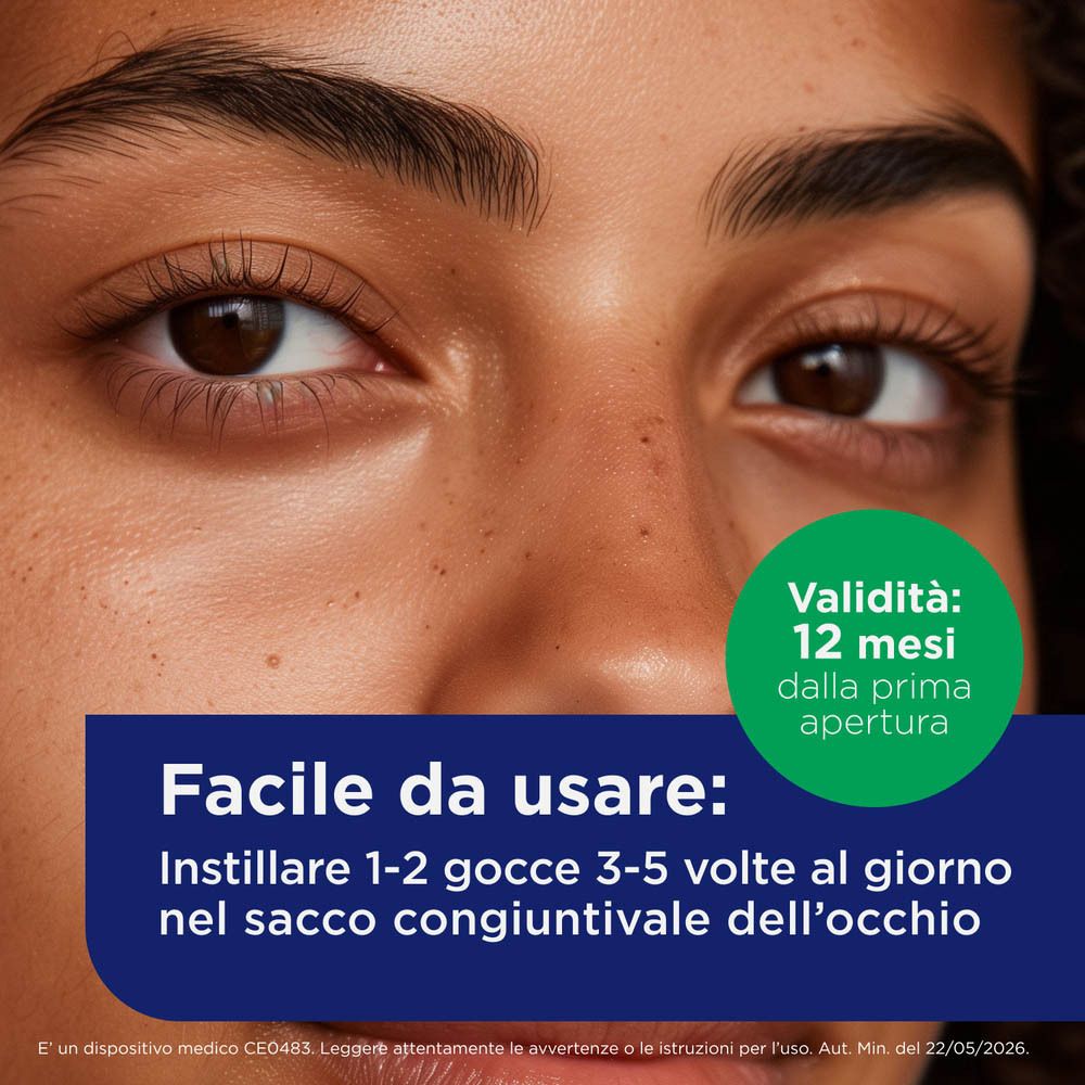 Primo piano occhi, testo su facile uso: 1-2 gocce, 3-5 volte al giorno.