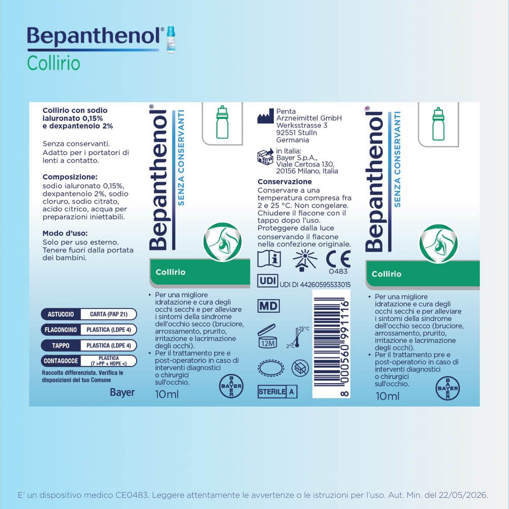 Bepanthenol Collirio Confezione: Flacone 10ml, scatola con informazioni prodotto.