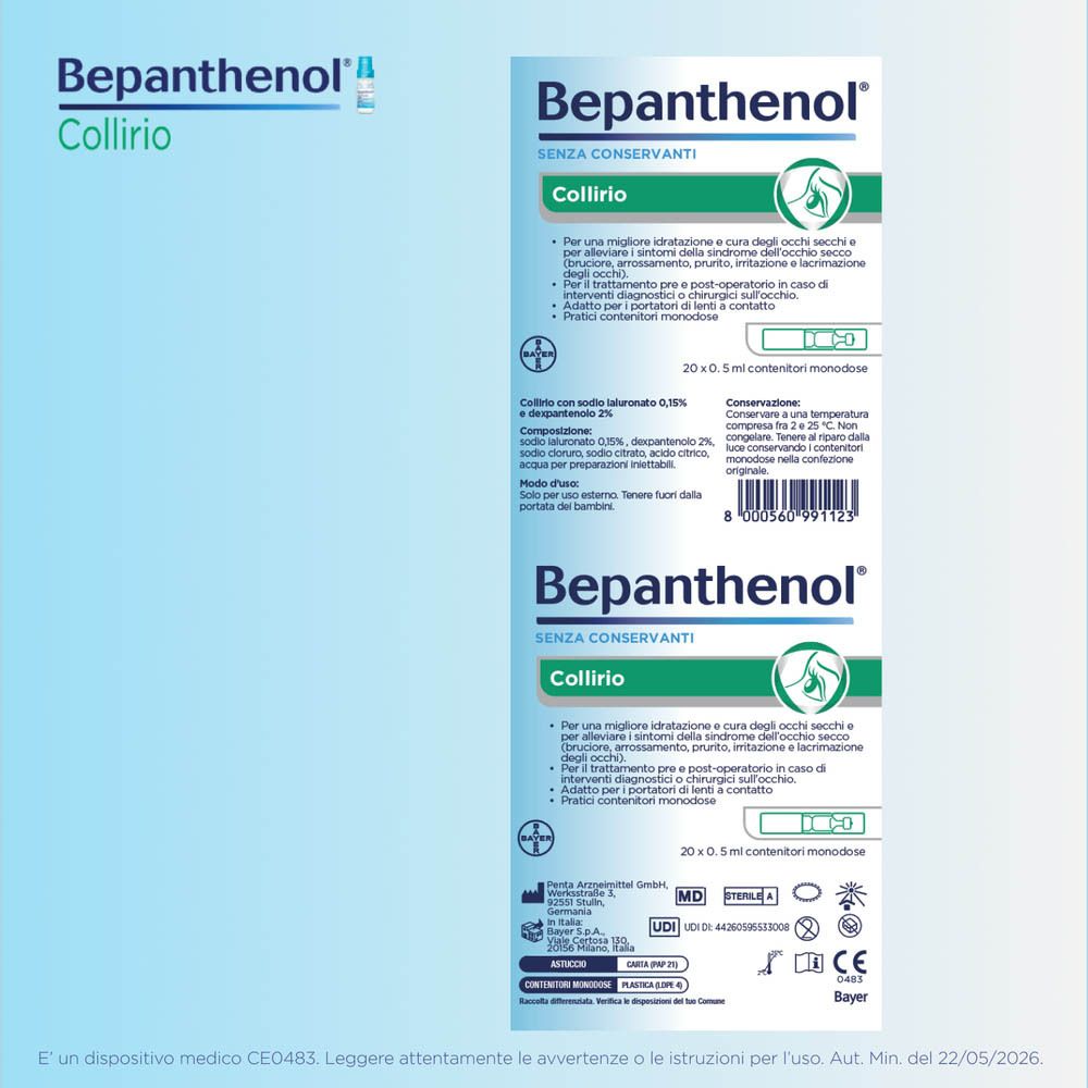 Confezione Bepanthenol Collirio: Fronte con informazioni prodotto e contenitori monodose.