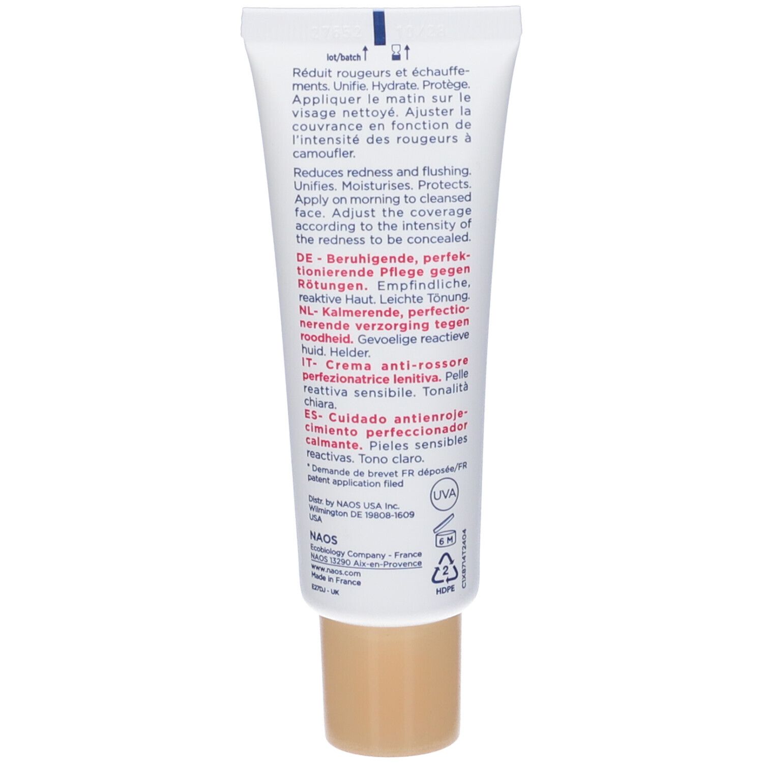 Retro del tubo crema. Testo multilingue. Istruzioni e ingredienti. Marca BIODERMA.