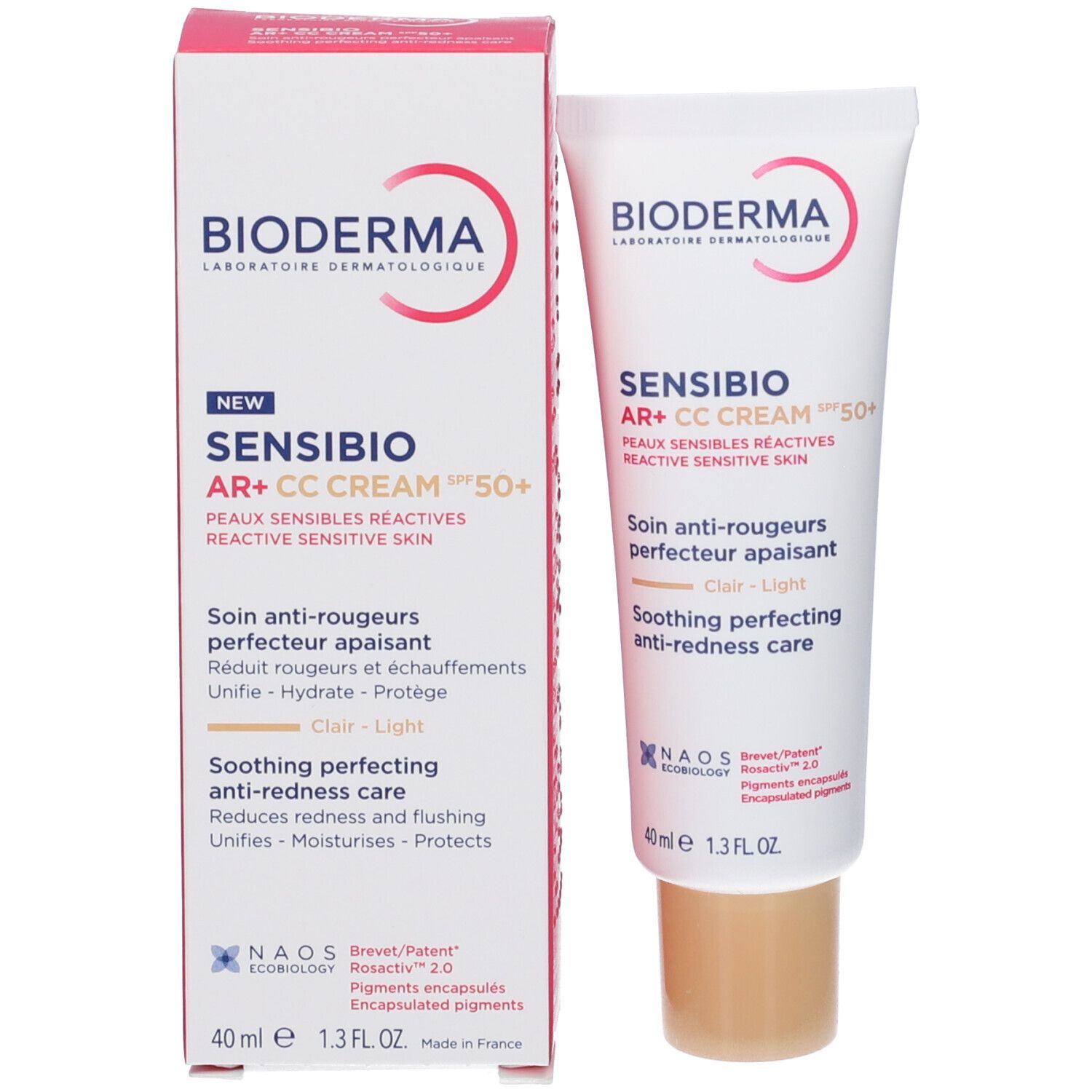 Prodotto con confezione. Tubo e scatola. Sensibio AR+ CC Cream SPF50+ Light. Marca BIODERMA. 40ml.