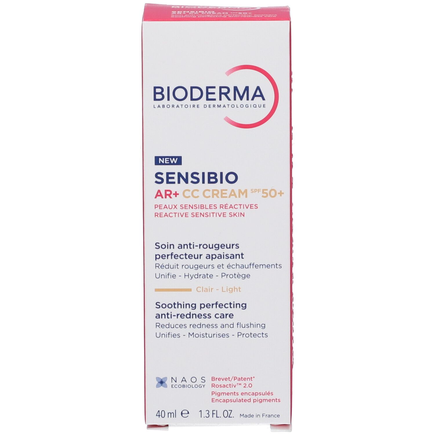 Scatola Sensibio AR+ CC Cream SPF50+ Light. Marca BIODERMA. 40ml. Colore chiaro.