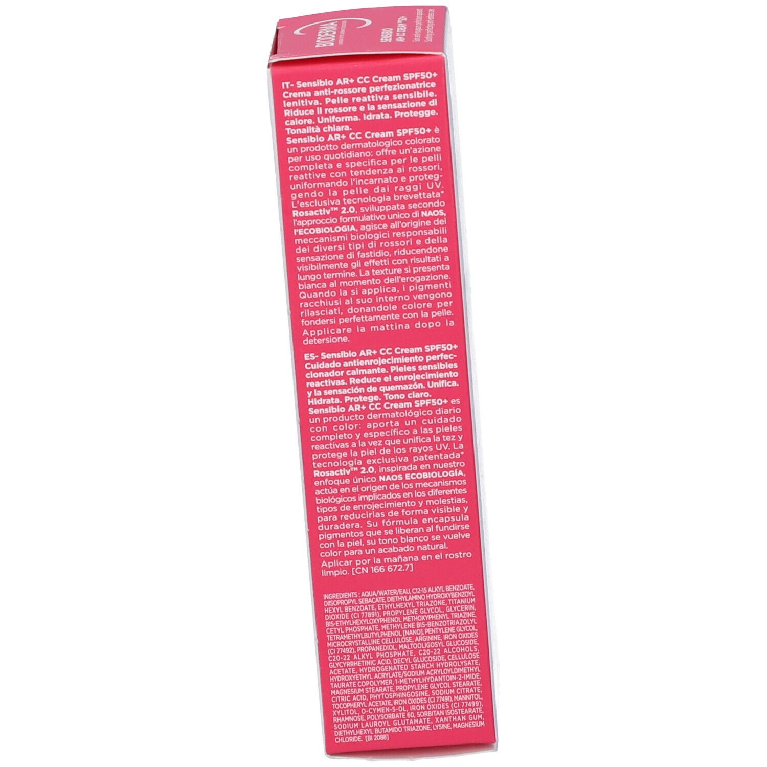 Lato della scatola. Testo in italiano. Informazioni sul prodotto e marchio BIODERMA.