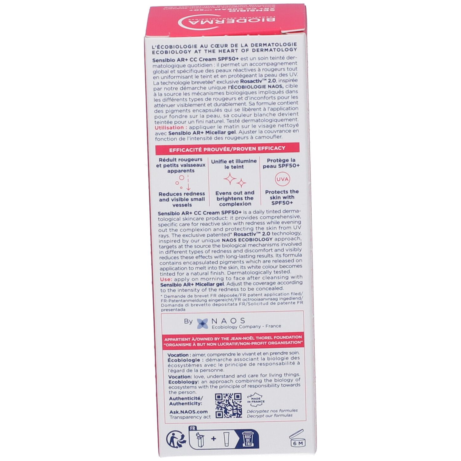 Lato della scatola. Testo in francese. Informazioni sul prodotto e marchio BIODERMA.