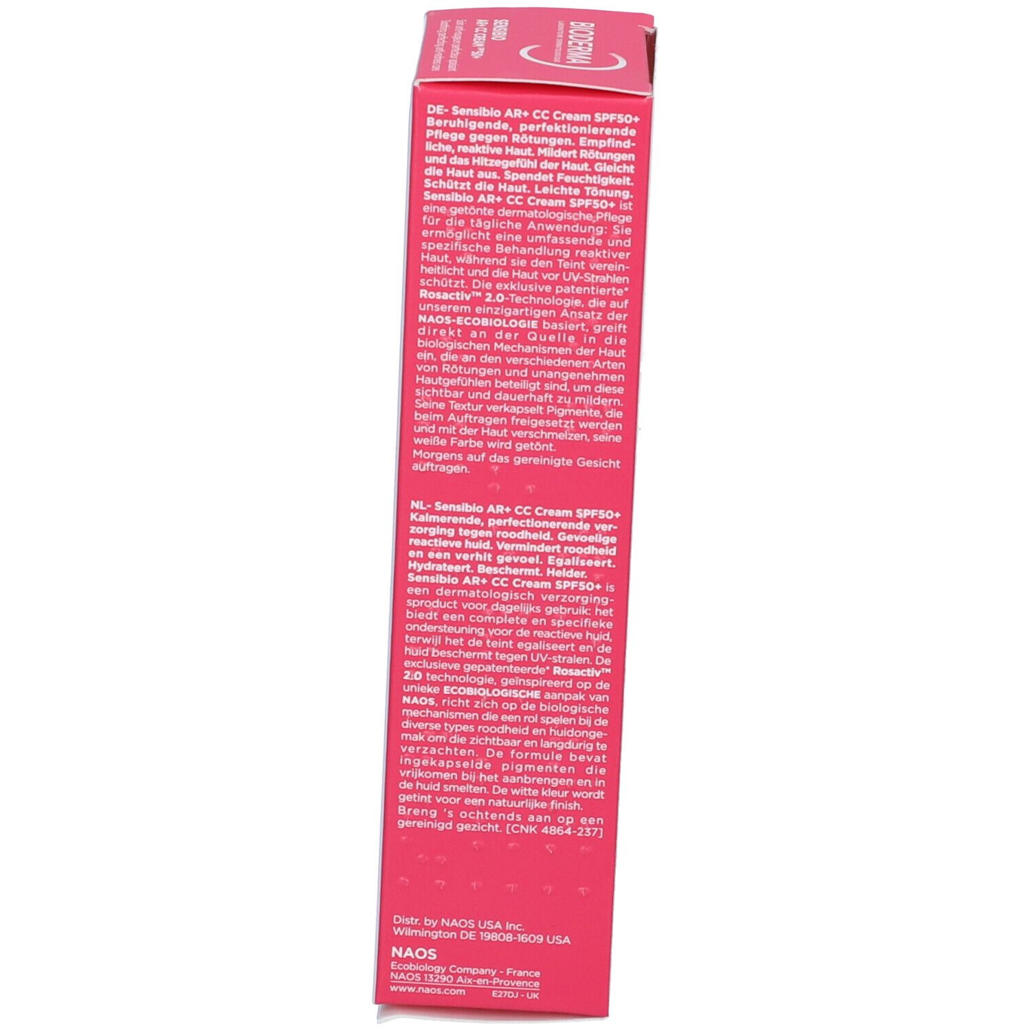 Lato della scatola. Testo in tedesco. Informazioni sul prodotto e marchio BIODERMA.