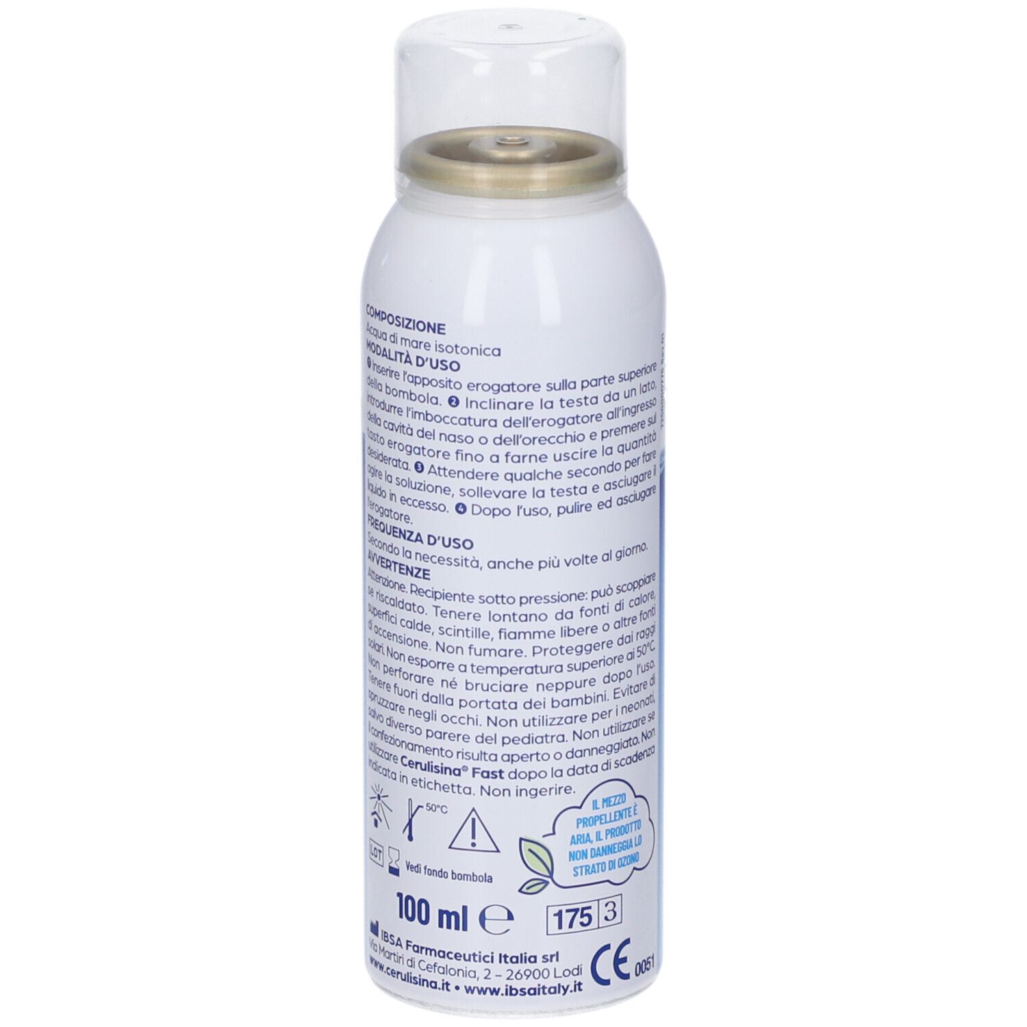 Flacone spray Cerulisina Fast, retro con dettagliate istruzioni d'uso e informazioni sul prodotto.