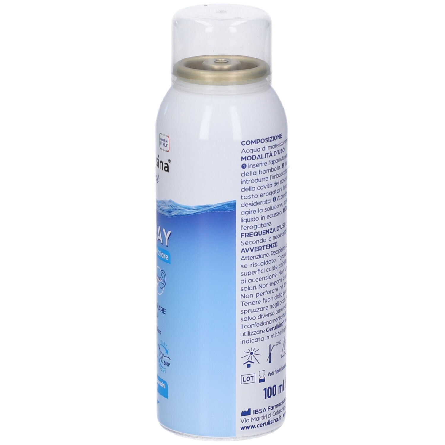 Flacone spray Cerulisina Fast, lato con istruzioni d'uso, informazioni prodotto e marchio CE.