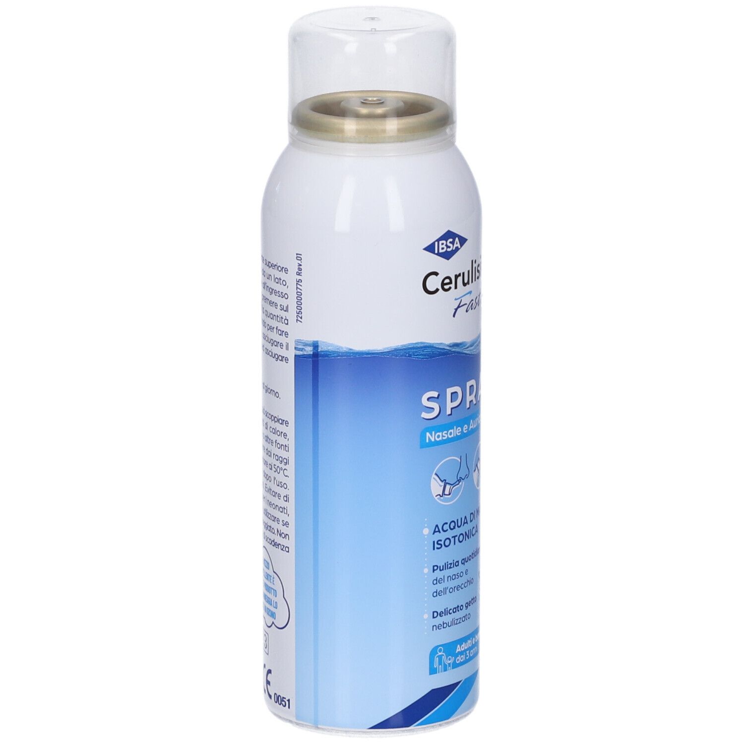 Flacone spray Cerulisina Fast, lato con nome prodotto, simboli di applicazione e simbolo acqua di mare.
