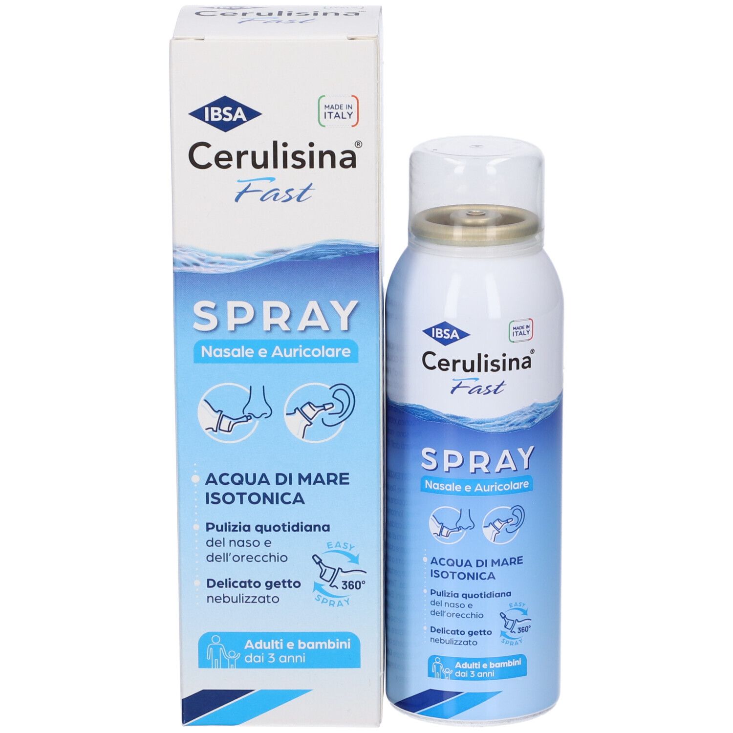 Flacone spray Cerulisina Fast, lato con istruzioni d'uso, informazioni prodotto e marchio CE.