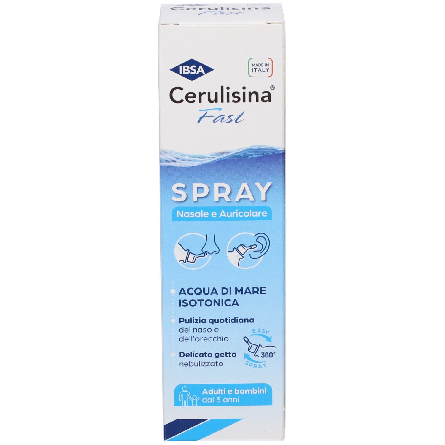 Spray Cerulisina Fast e confezione, fronte con nomi prodotto, simboli di applicazione e simbolo acqua di mare.