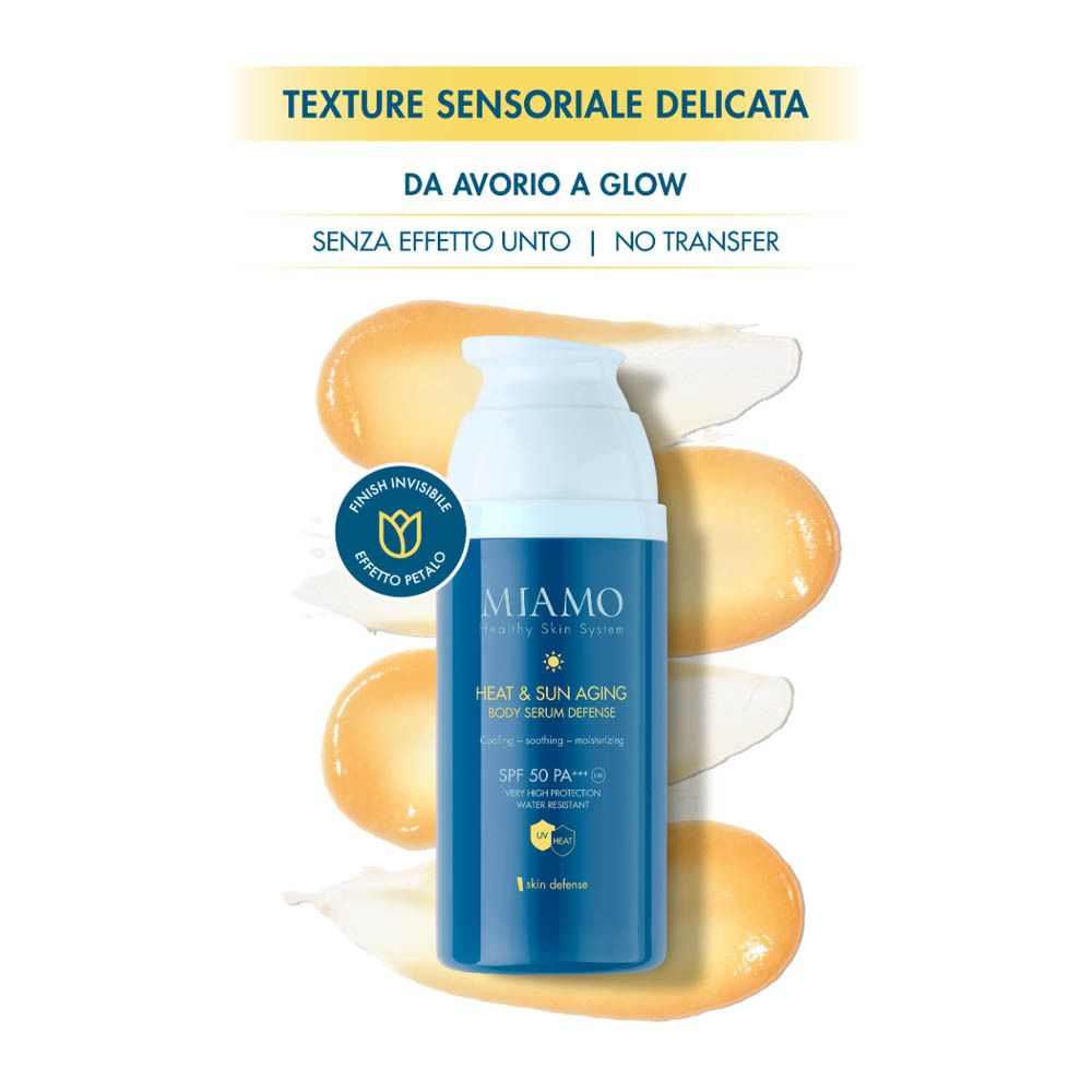 Siero corpo Miamo Defense SPF 50 con campioni di texture e flacone con erogatore.