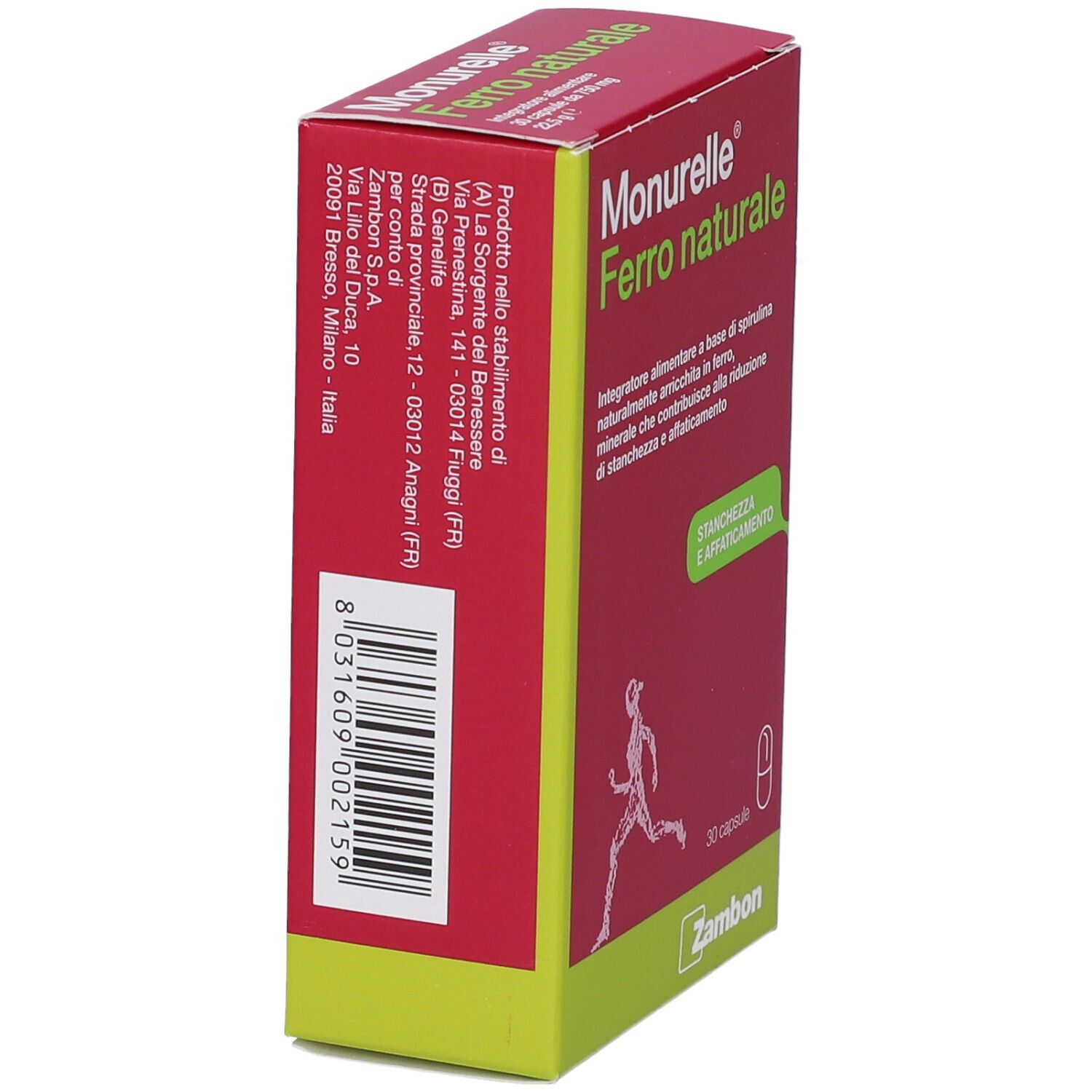 Retro della confezione capsule Monurelle Ferro naturale con codice a barre e informazioni del produttore.