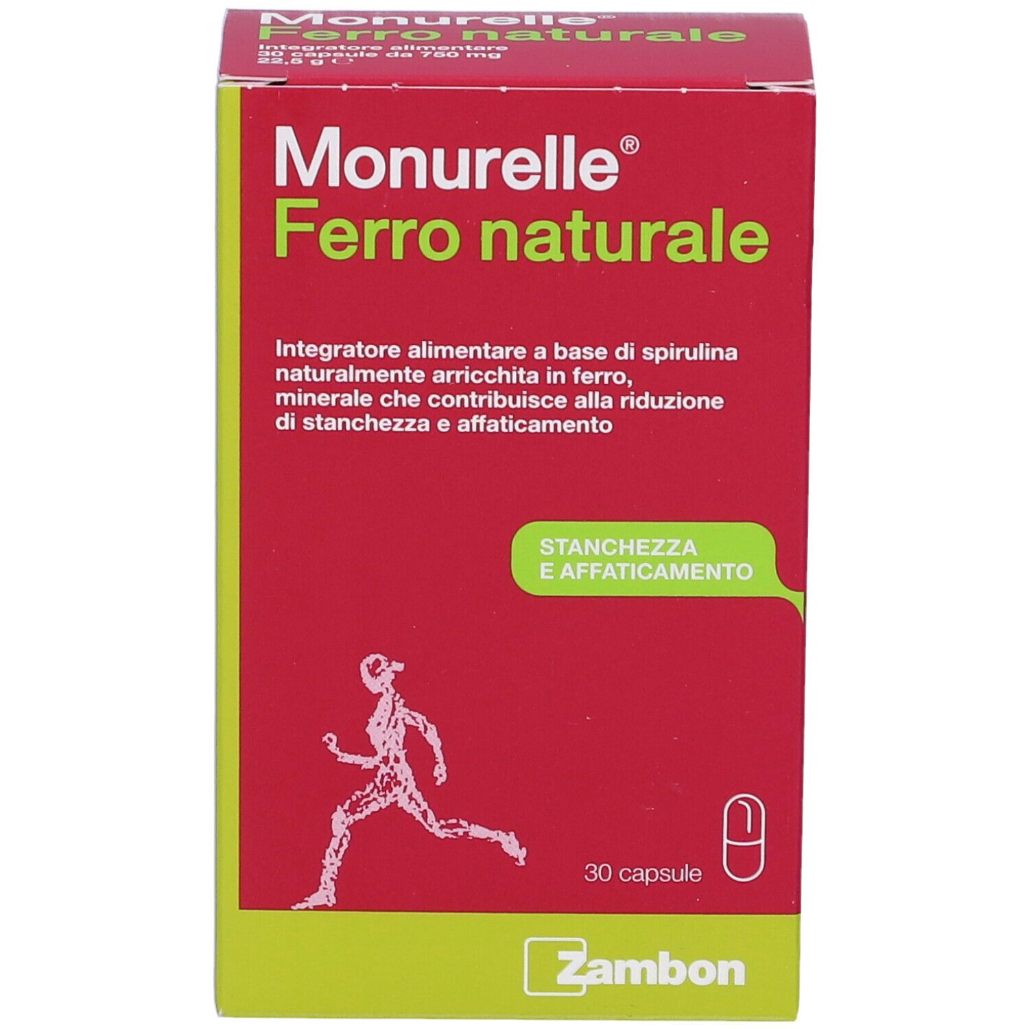 Confezione capsule Monurelle Ferro naturale con informazioni su ferro e affaticamento.