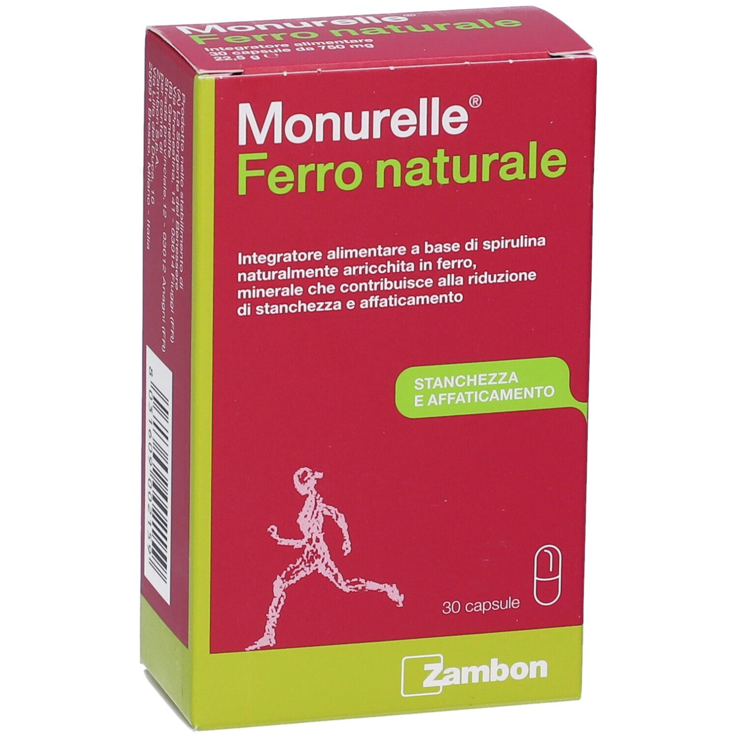 Confezione capsule Monurelle Ferro naturale con informazioni su ferro e affaticamento.