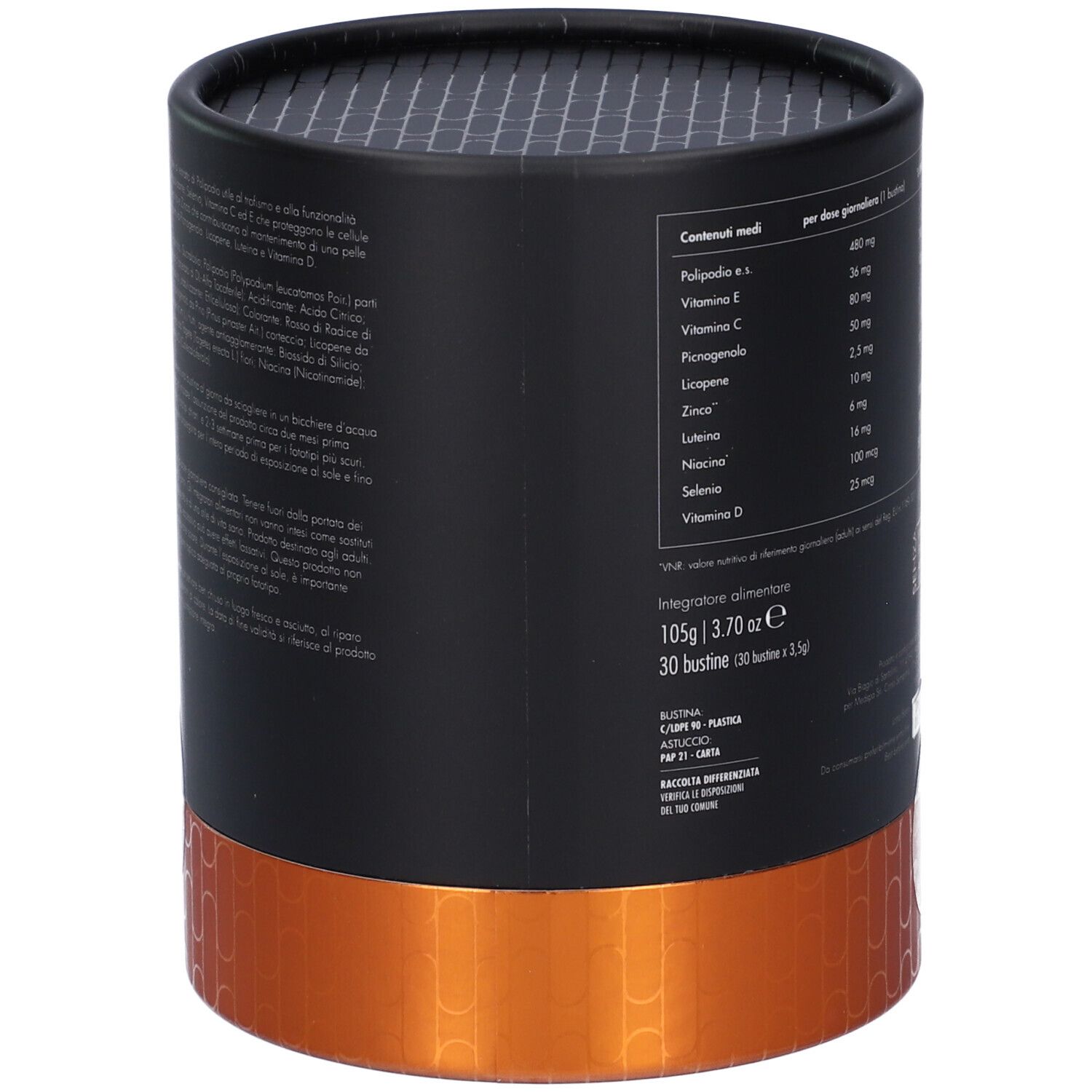Confezione con informazioni nutrizionali. Sfondo nero, dettagli arancioni.