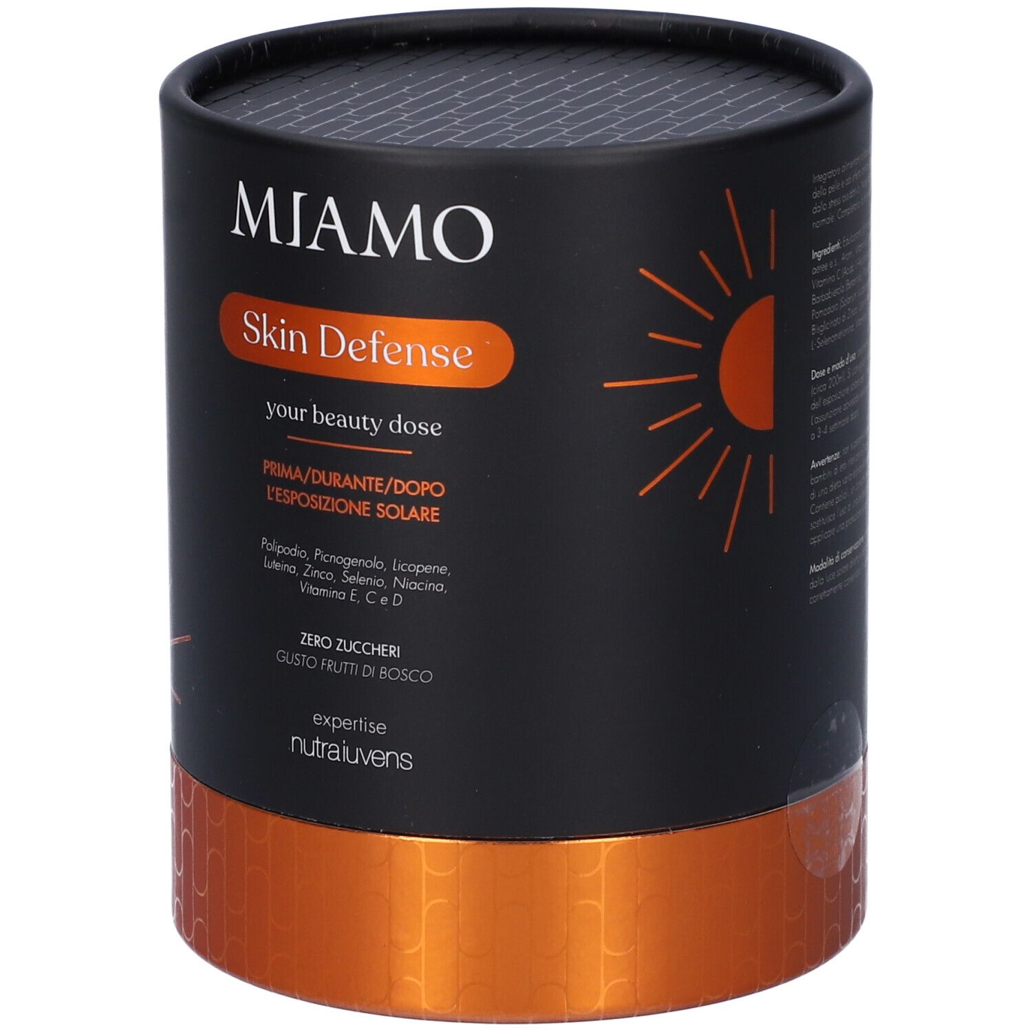 Confezione cilindrica MIAMO Skin Defense. Dettagli arancioni. Coperchio e base neri.