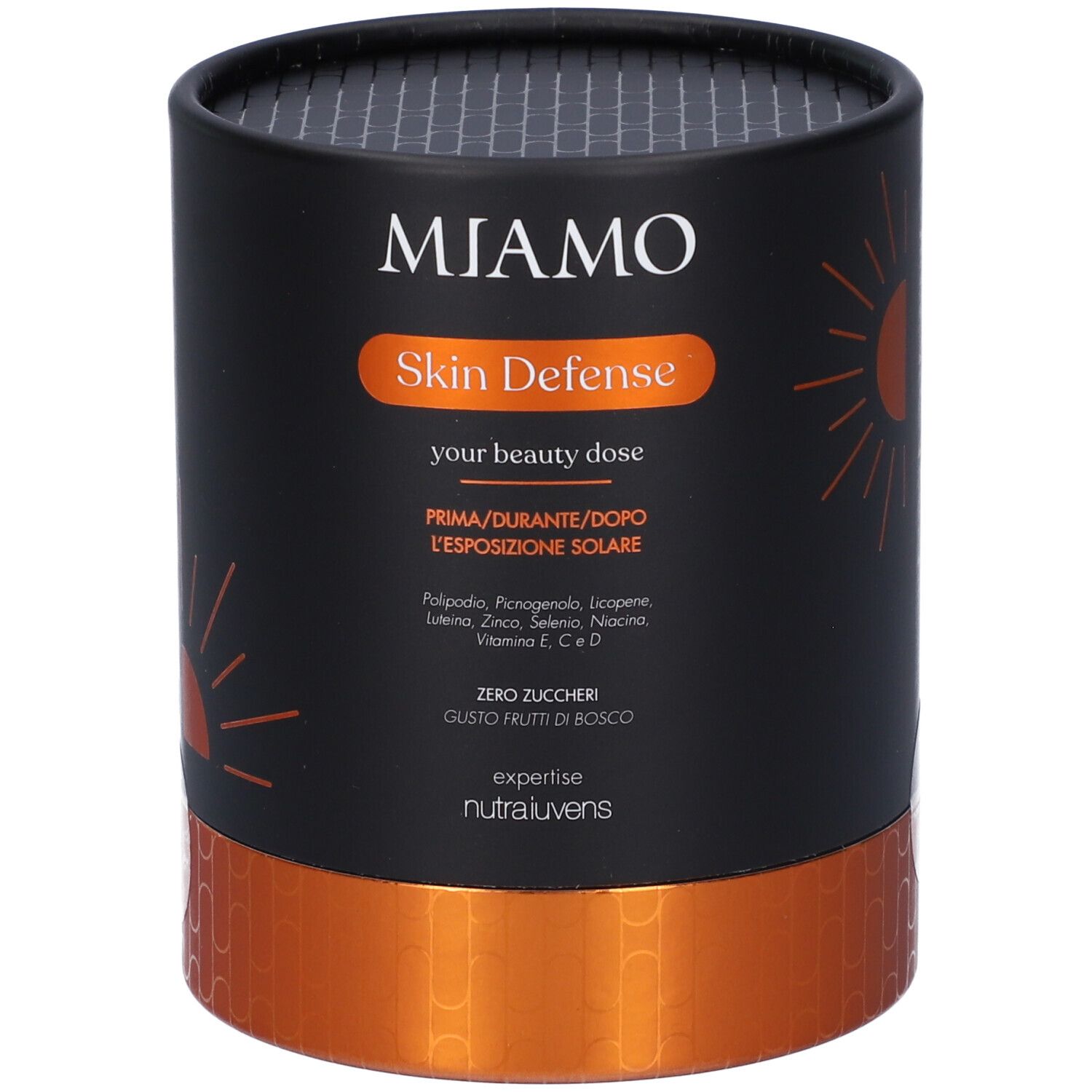 Confezione cilindrica MIAMO Skin Defense. Dettagli arancioni. Coperchio e base neri.