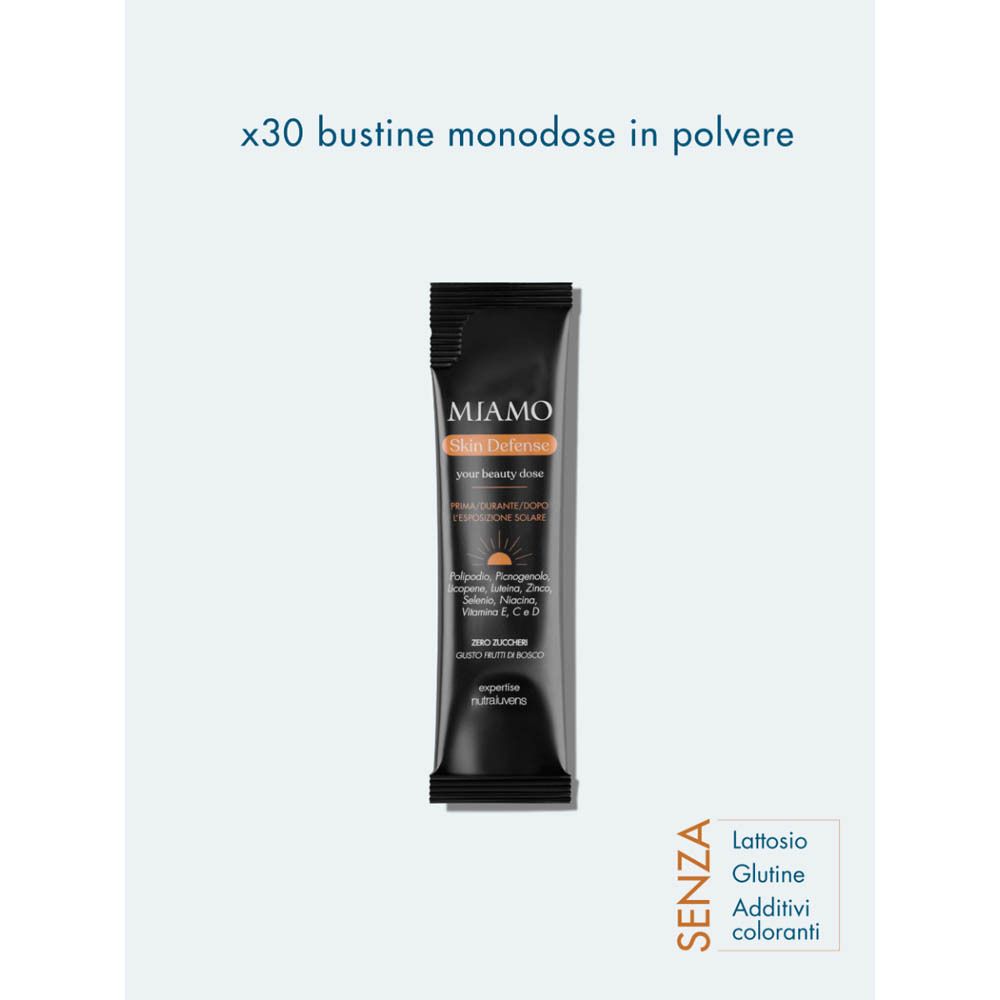 Bustina nera MIAMO Skin Defense. Testo: x30 monodose. Senza lattosio, glutine, coloranti.