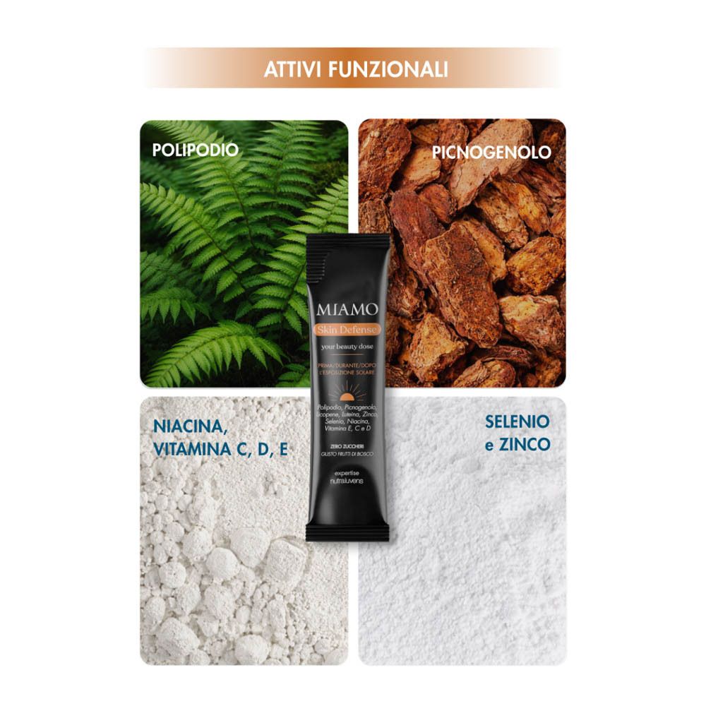 Ingredienti: Polipodio, Picnogenolo, Niacina, Vitamina C, E, Selenio, Zinco. Bustina del prodotto nell'immagine.