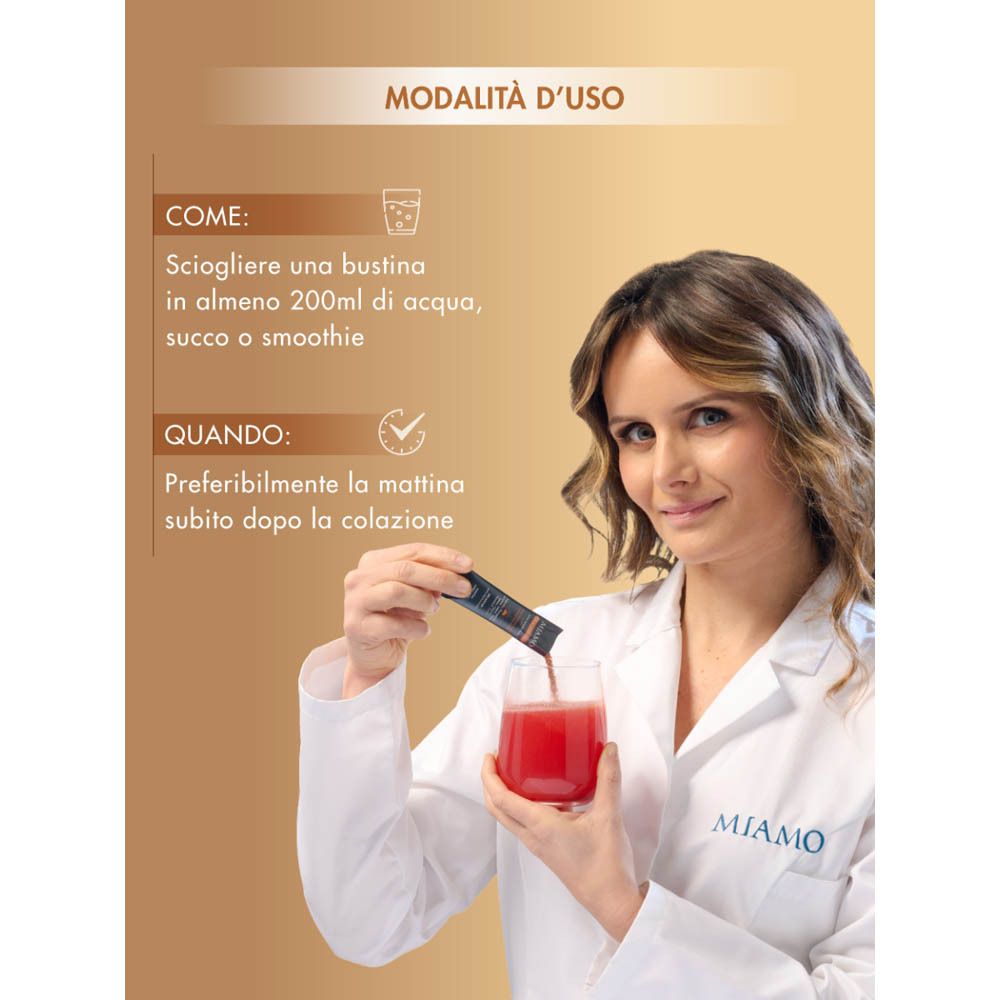Donna in camice versa il prodotto in un bicchiere. Testo: Come, quando. Logo MIAMO visibile.