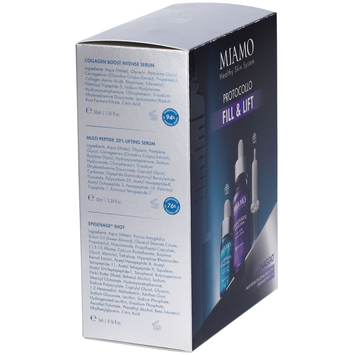 Retro confezione MIAMO FILL & LIFT. Contiene elenchi ingredienti. Testo: PROTOCOLLO FILL & LIFT, MIAMO Healthy Skin System.