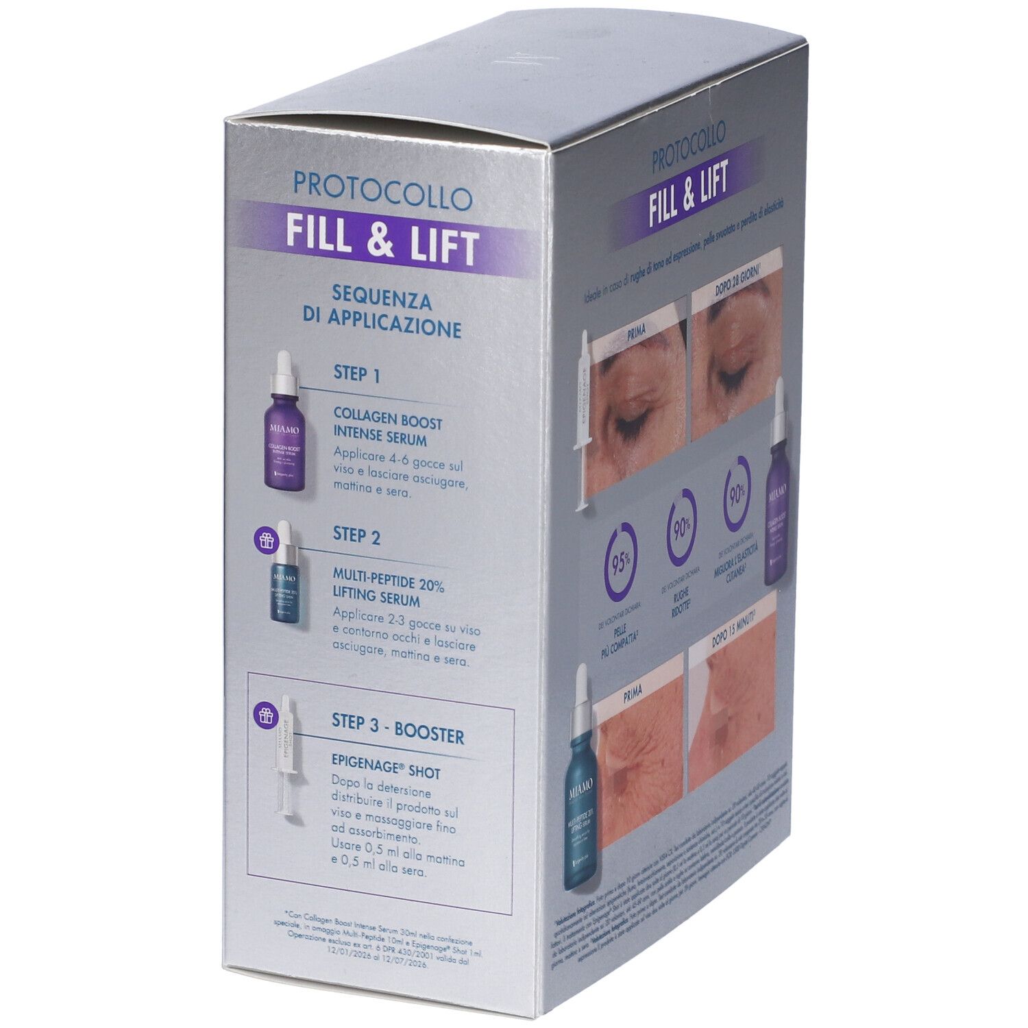 Lato confezione MIAMO FILL & LIFT. Istruzioni per l'uso. Testo: PROTOCOLLO FILL & LIFT, MIAMO Healthy Skin System.