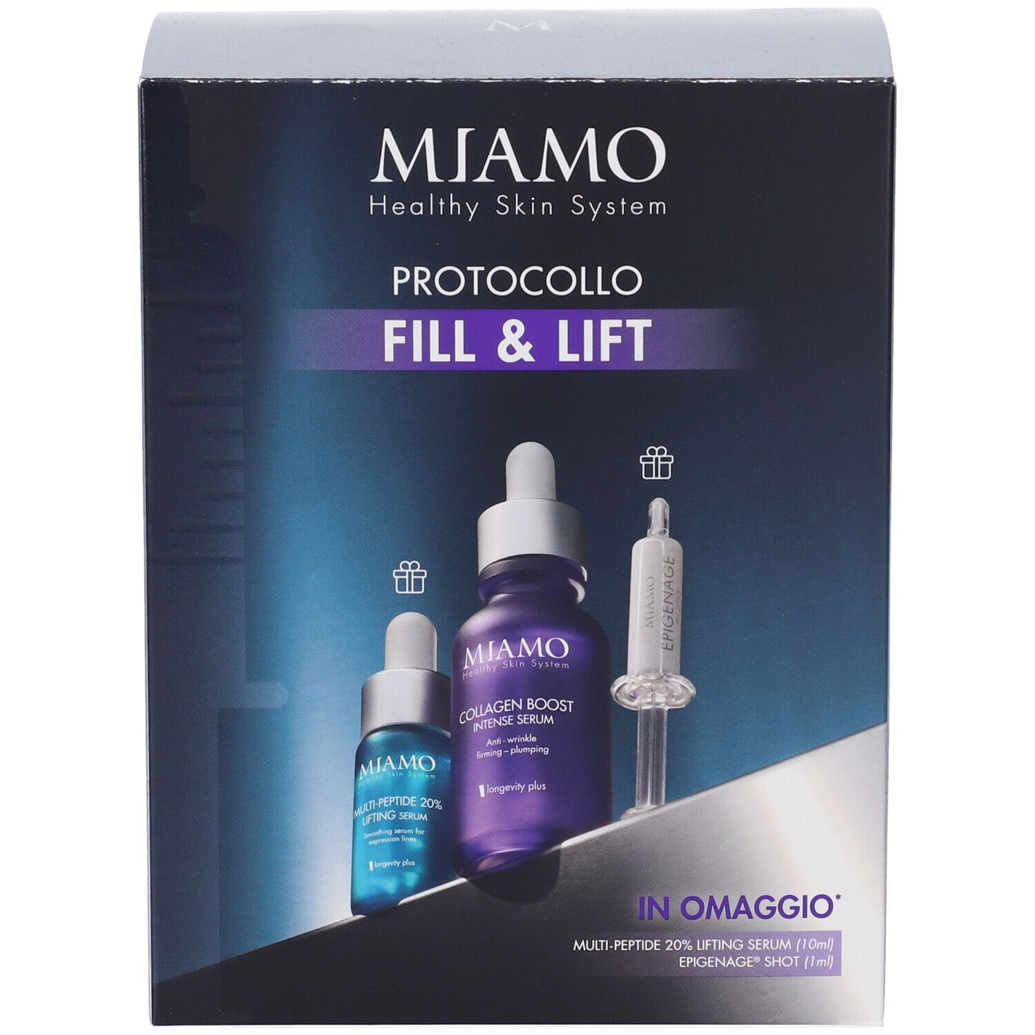 Confezione MIAMO FILL & LIFT. Contiene flaconi e siringa. Testo: PROTOCOLLO FILL & LIFT, IN OMAGGIO.