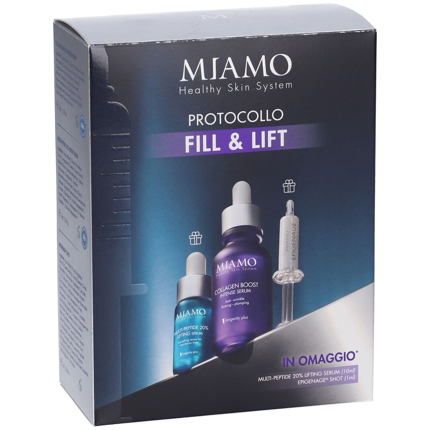 Confezione MIAMO FILL & LIFT. Contiene flaconi e siringa. Testo: PROTOCOLLO FILL & LIFT, IN OMAGGIO.