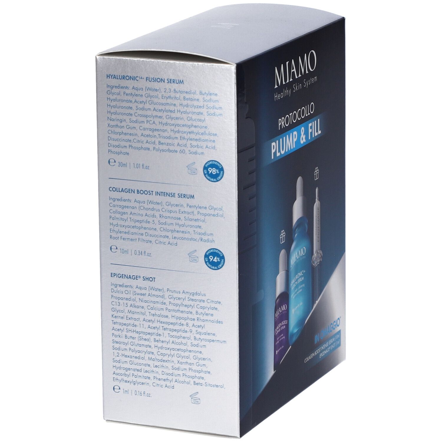 Confezione MIAMO PLUMP & FILL. Contiene elenchi di ingredienti per sieri e shot. Testo: MIAMO, PLUMP & FILL.