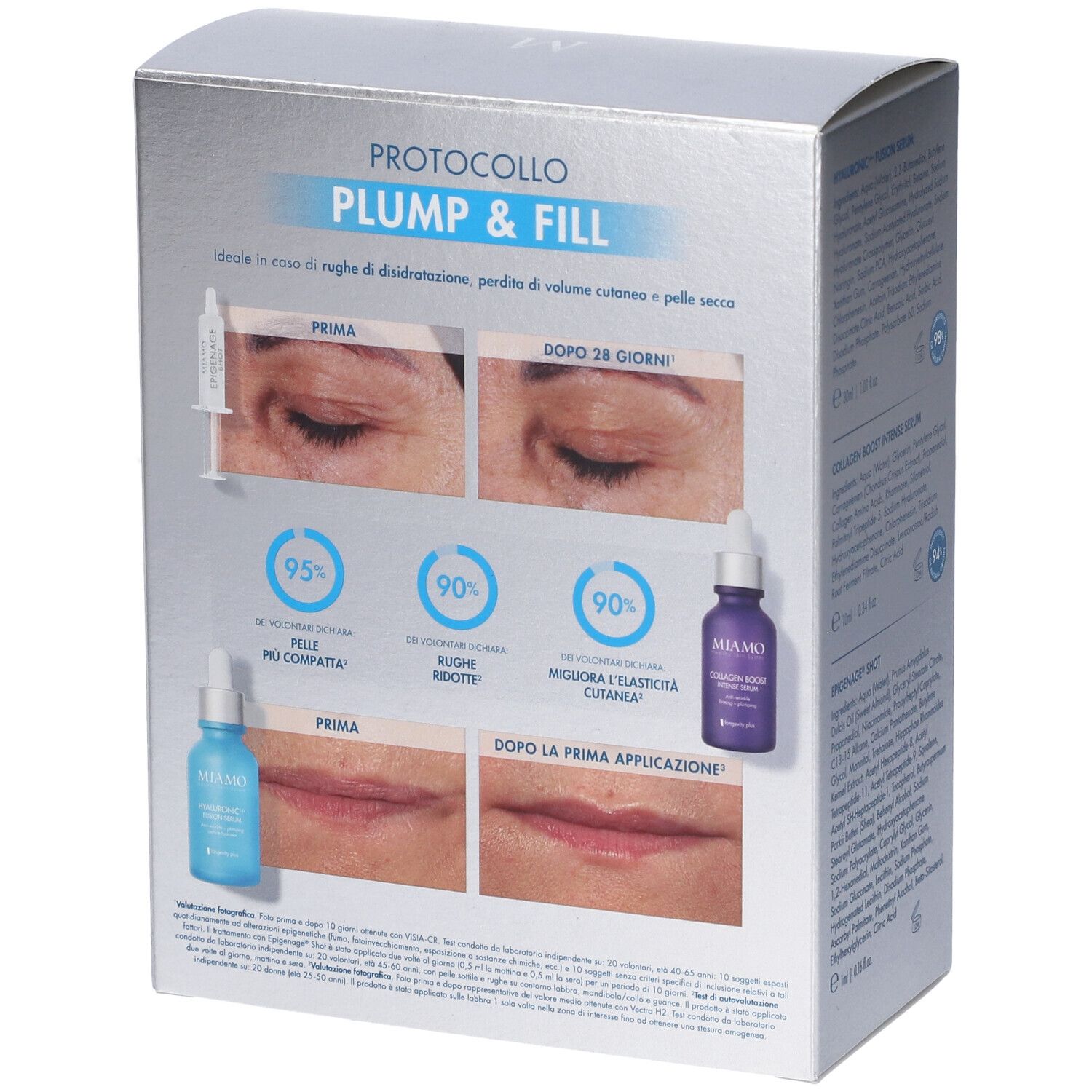 Confezione MIAMO PLUMP & FILL. Immagini prima e dopo di occhi e labbra. Testo: MIAMO, PLUMP & FILL.