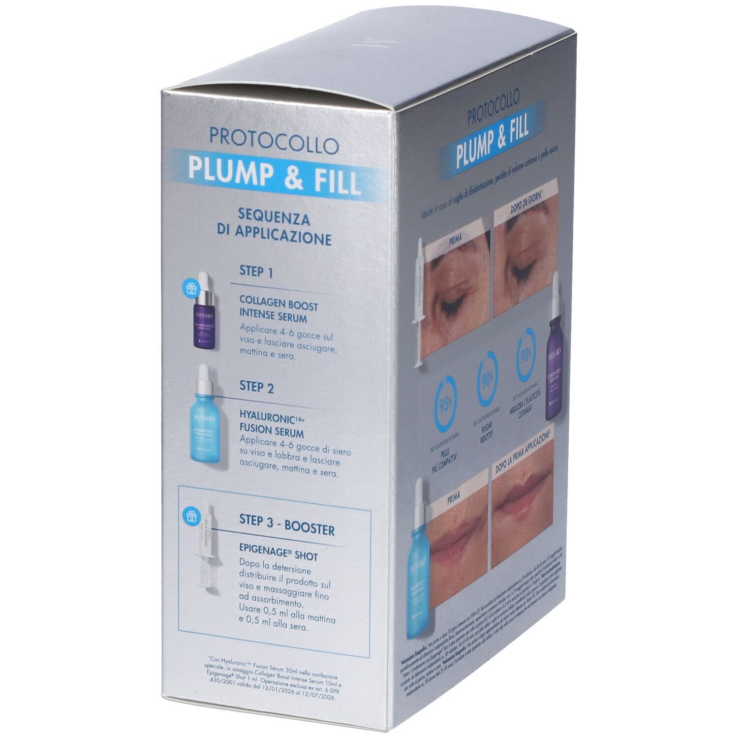 Confezione MIAMO PLUMP & FILL. Sequenza di applicazione con immagini. Testo: MIAMO, PLUMP & FILL.