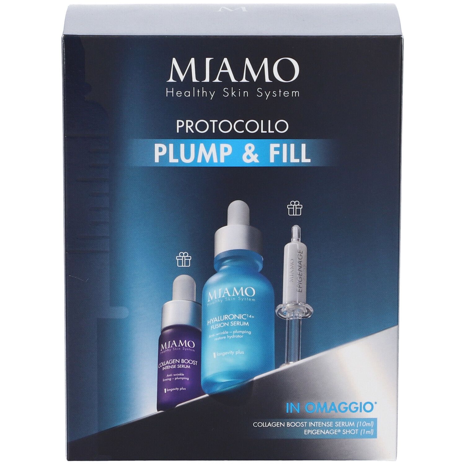 Confezione MIAMO PLUMP & FILL. Contiene flaconi di siero e una siringa. Testo: MIAMO, PLUMP & FILL, IN OMAGGIO.