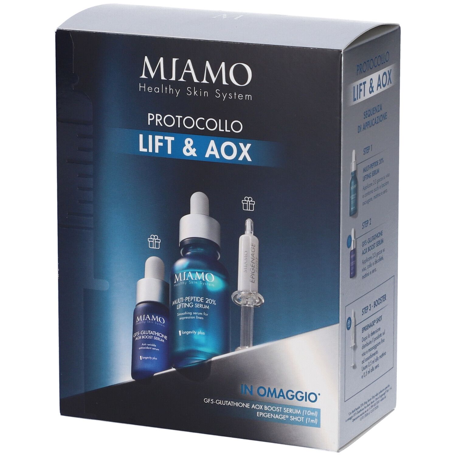 Miamo Protocollo Lift & Aox Multi-Peptide 20% Lifting Serum + GF5 Glutathione Aox Boost Serum + Epigenage Shot
