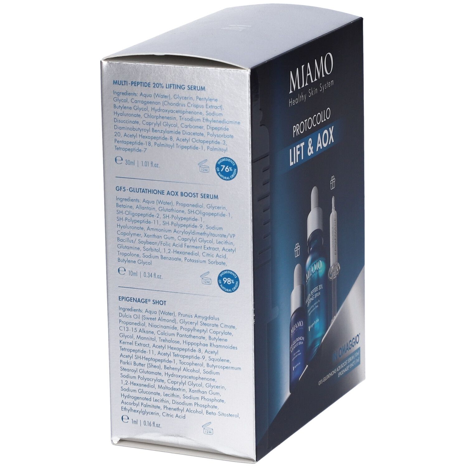 Retro confezione MIAMO PROTOCOLLO LIFT & AOX. Contiene elenchi ingredienti e illustrazioni. Testo: MIAMO, Multi-Peptide 20% Lifting Serum.
