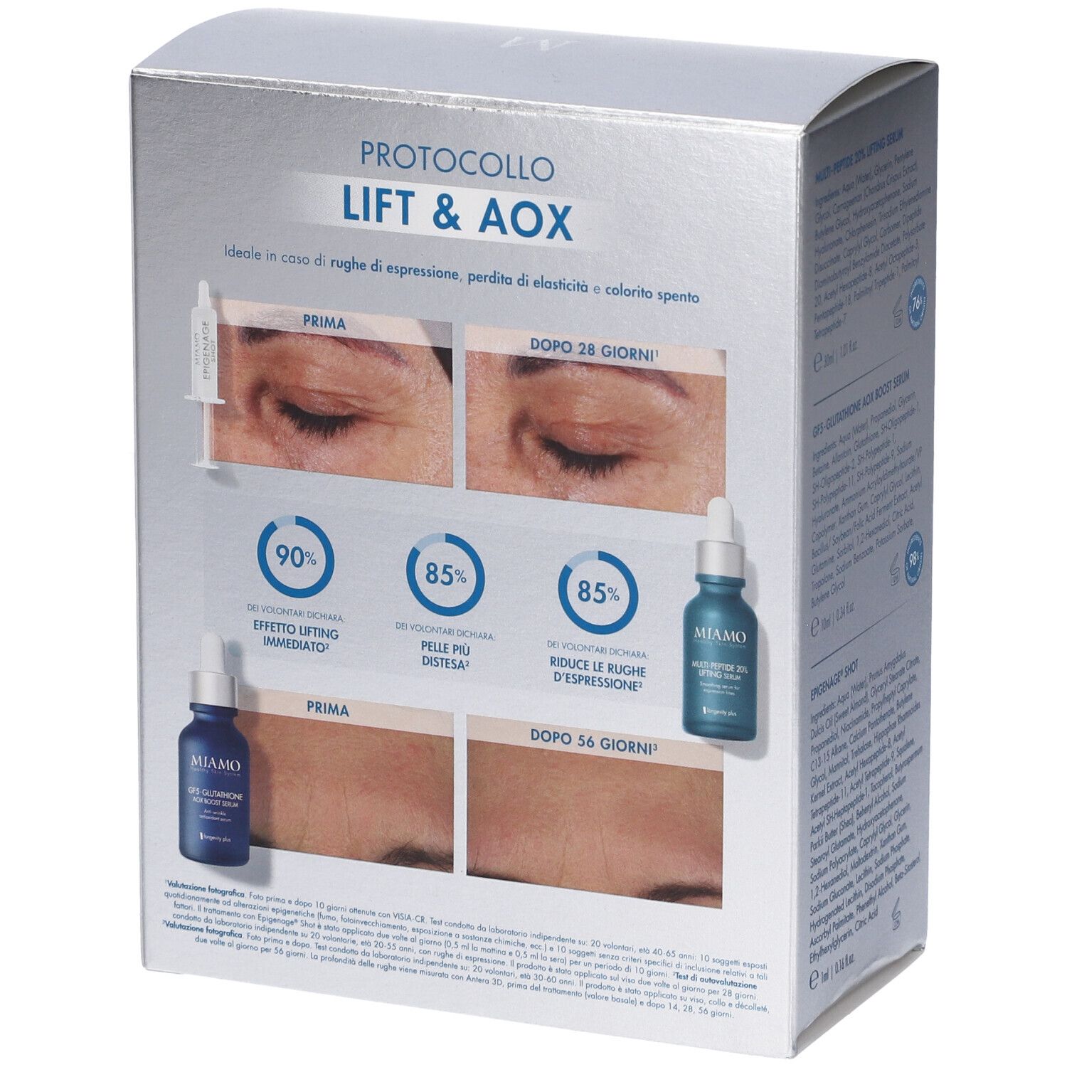 Retro confezione MIAMO PROTOCOLLO LIFT & AOX. Mostra immagini prima-dopo. Testo: MIAMO, PROTOCOLLO LIFT & AOX, Effetto Lifting Immediato.