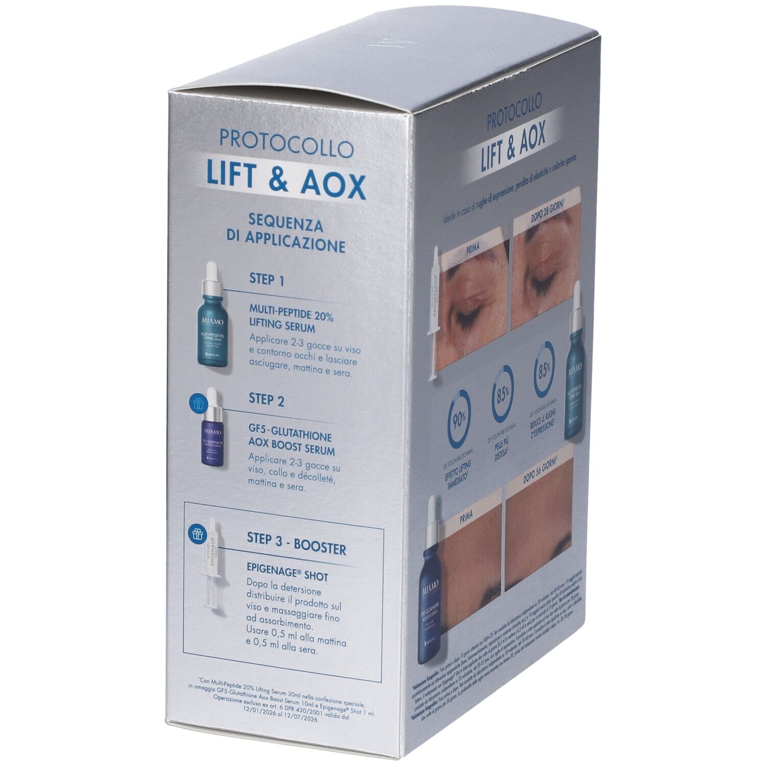 Lato della confezione MIAMO PROTOCOLLO LIFT & AOX. Mostra le istruzioni per l'applicazione. Testo: MIAMO, PROTOCOLLO LIFT & AOX, Sequenza di Applicazione.