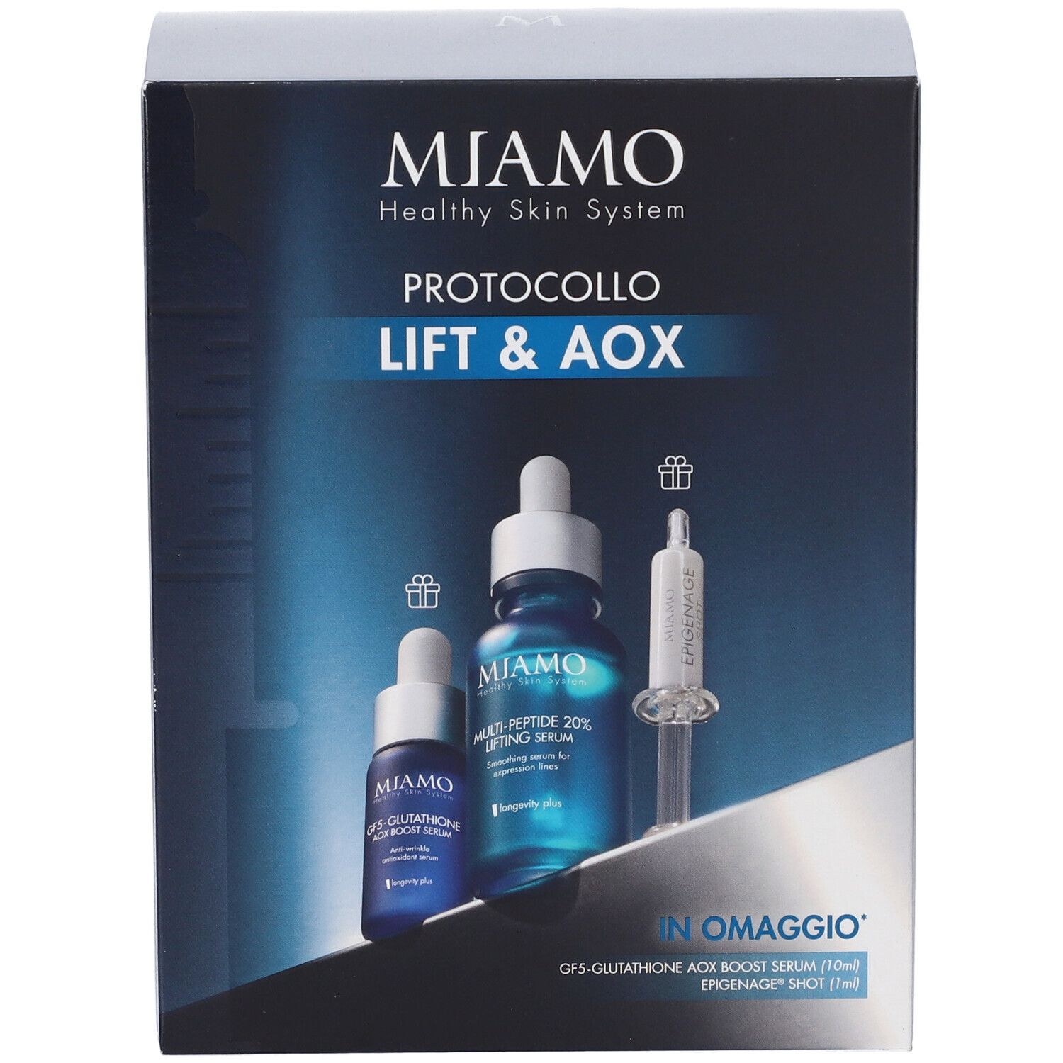 Confezione MIAMO PROTOCOLLO LIFT & AOX. Contiene flaconi e siringa. Testo: MIAMO, Healthy Skin System, IN OMAGGIO.