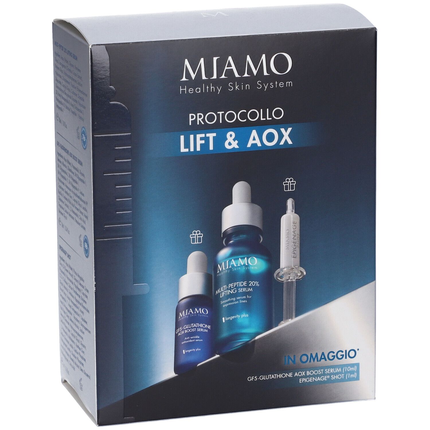 Confezione MIAMO PROTOCOLLO LIFT & AOX. Contiene flaconi e siringa. Testo: MIAMO, Healthy Skin System, IN OMAGGIO.