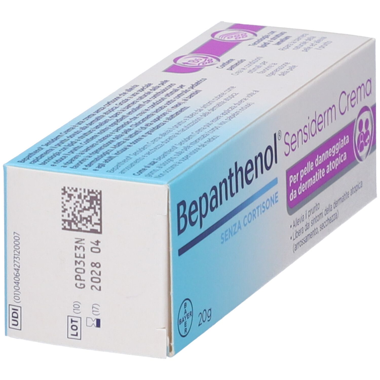 Bepanthenol Sensiderm Crema 20g scatola, retro con UDI e numero di lotto.