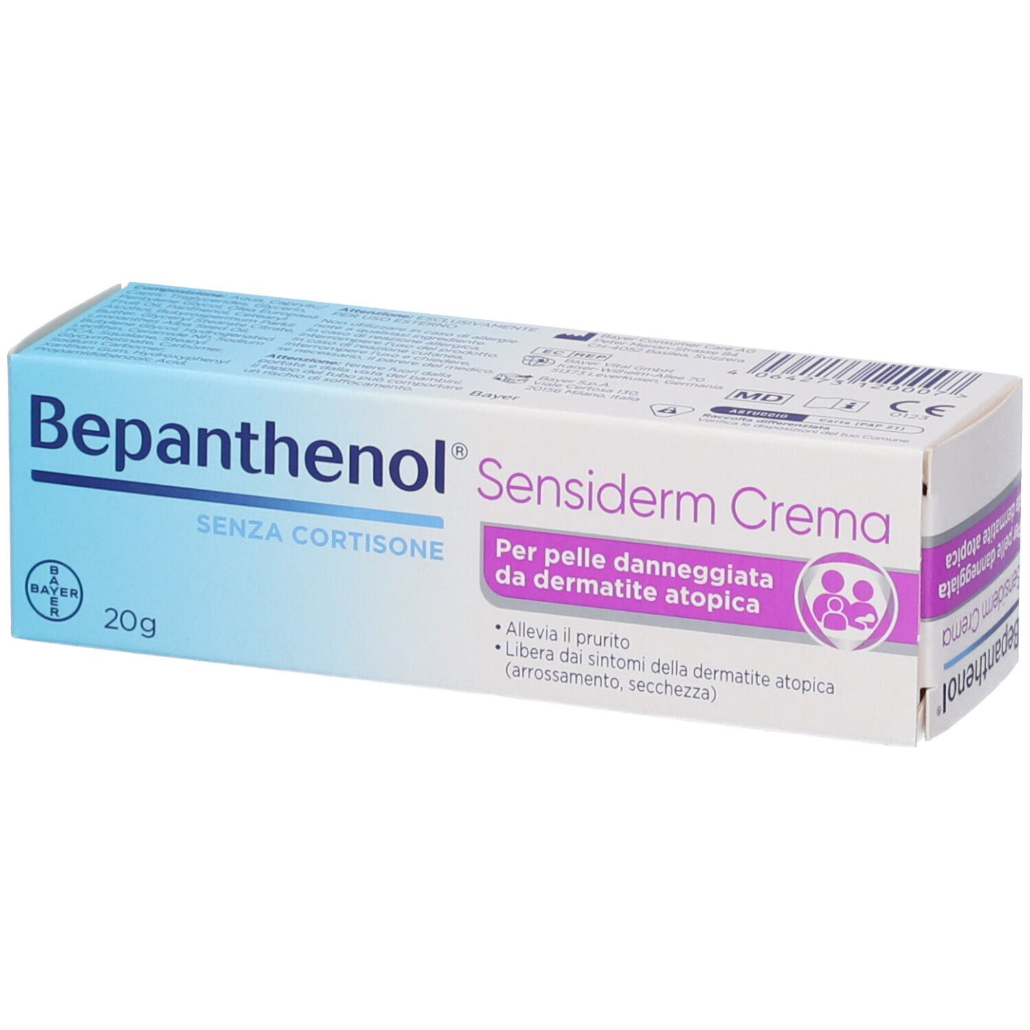 Bepanthenol Sensiderm Crema 20g scatola, senza cortisone, per pelle atopica.