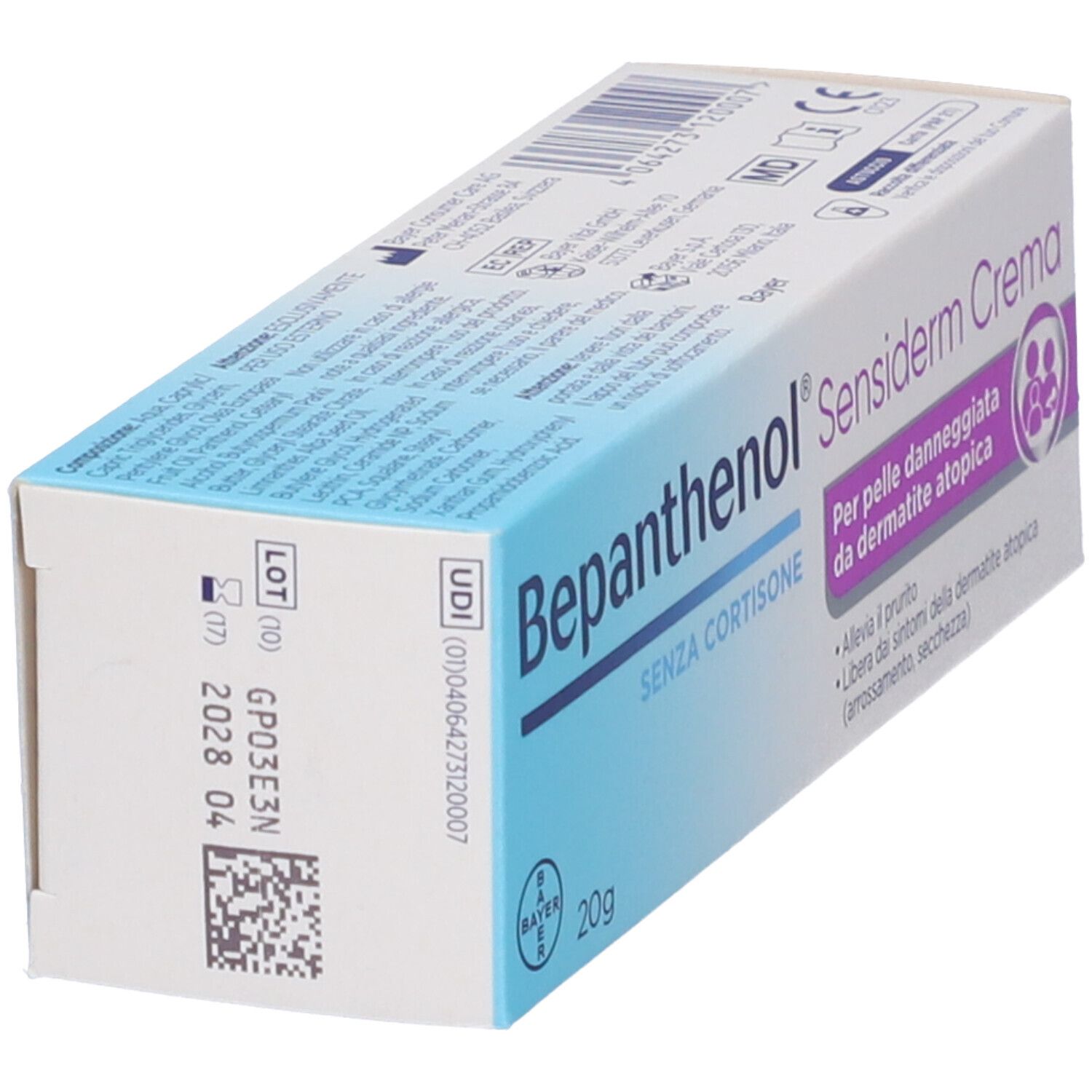 Bepanthenol Sensiderm Crema 20g scatola, retro con UDI e numero di lotto.