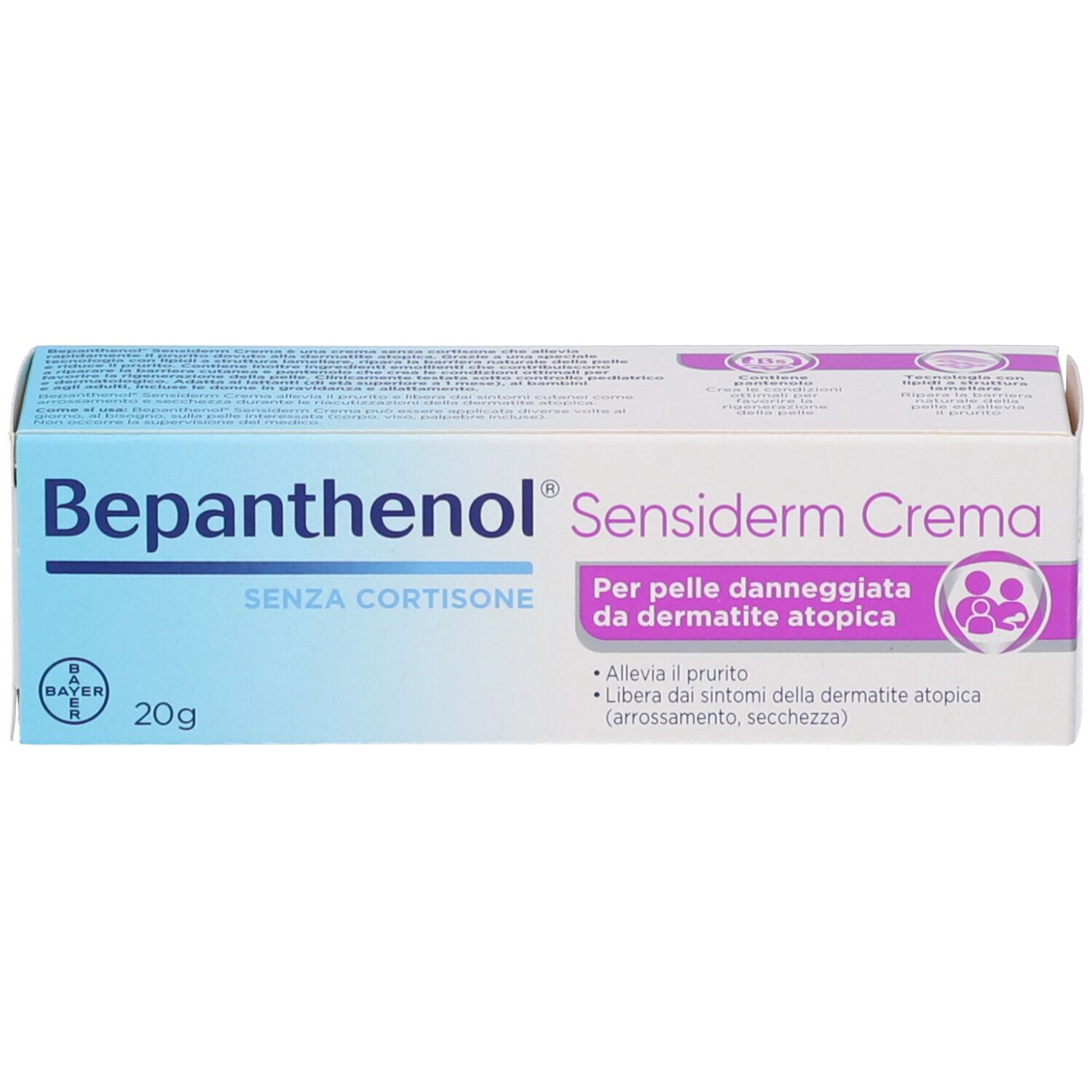 Bepanthenol Sensiderm Crema 20g scatola, senza cortisone, per pelle atopica.