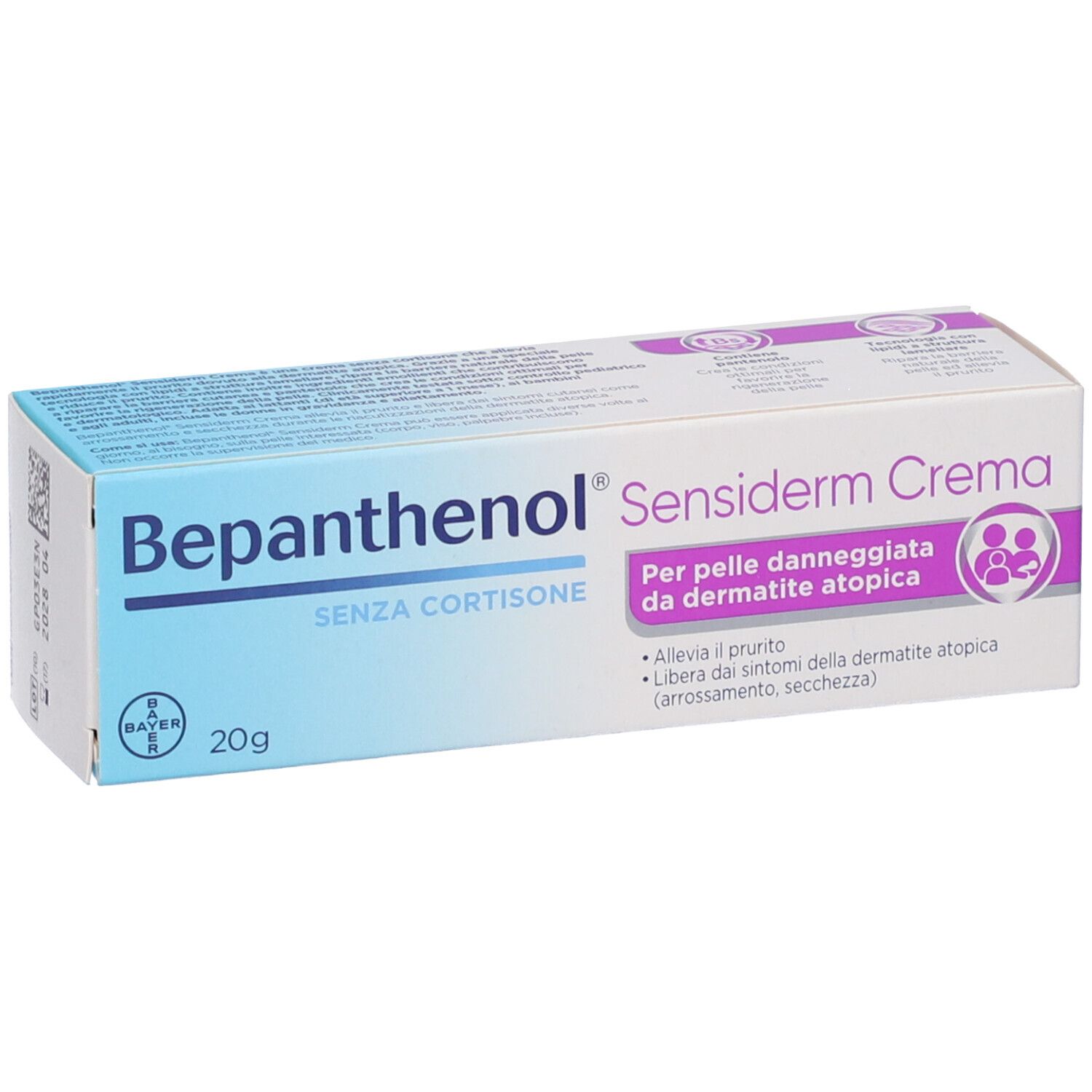 Bepanthenol Sensiderm Crema 20g scatola, senza cortisone, per pelle atopica.
