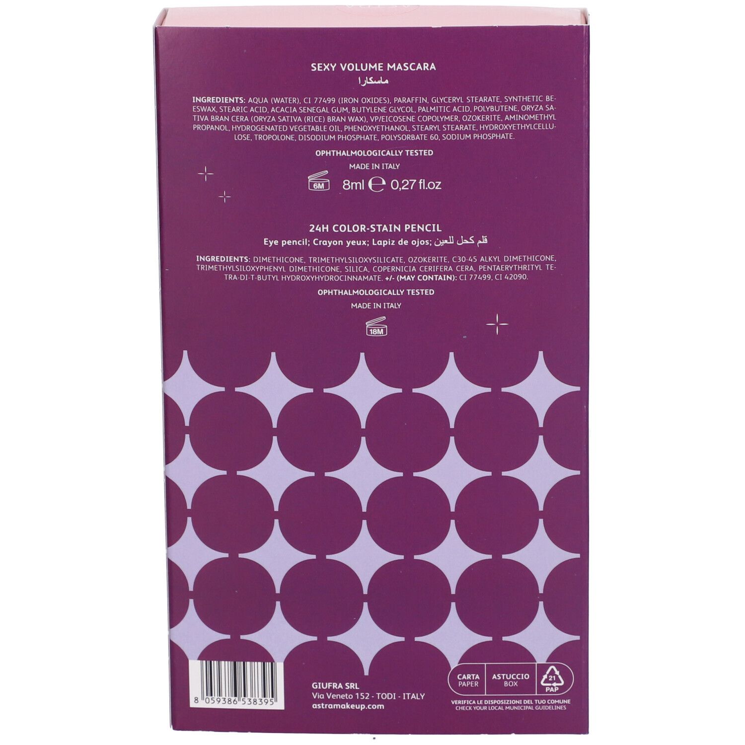 Retro della confezione con ingredienti e informazioni. Sfondo viola con cerchi bianchi. Testo multilingue.