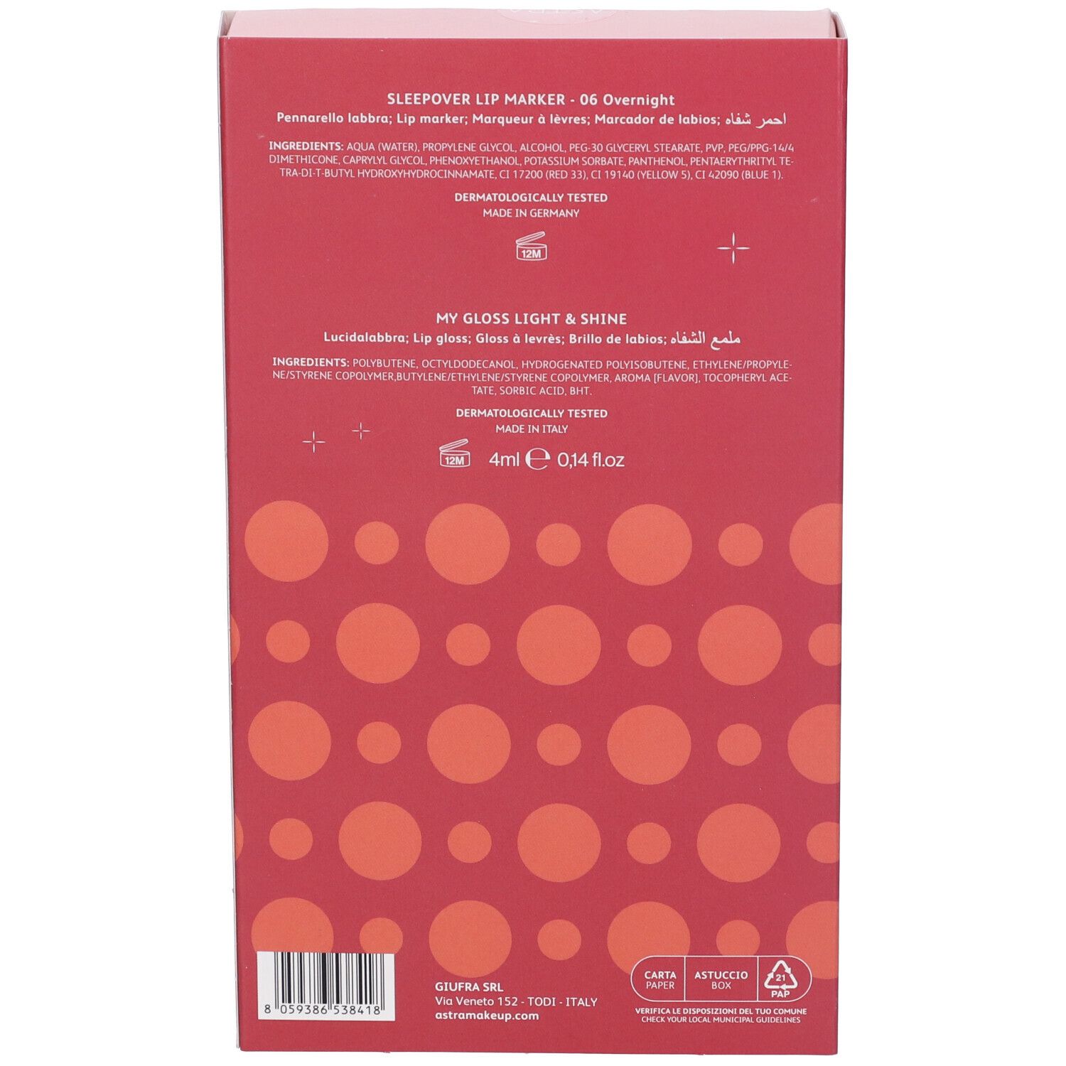 Retro della confezione. Contiene ingredienti e informazioni. Testo multilingue. Prodotto in Germania.