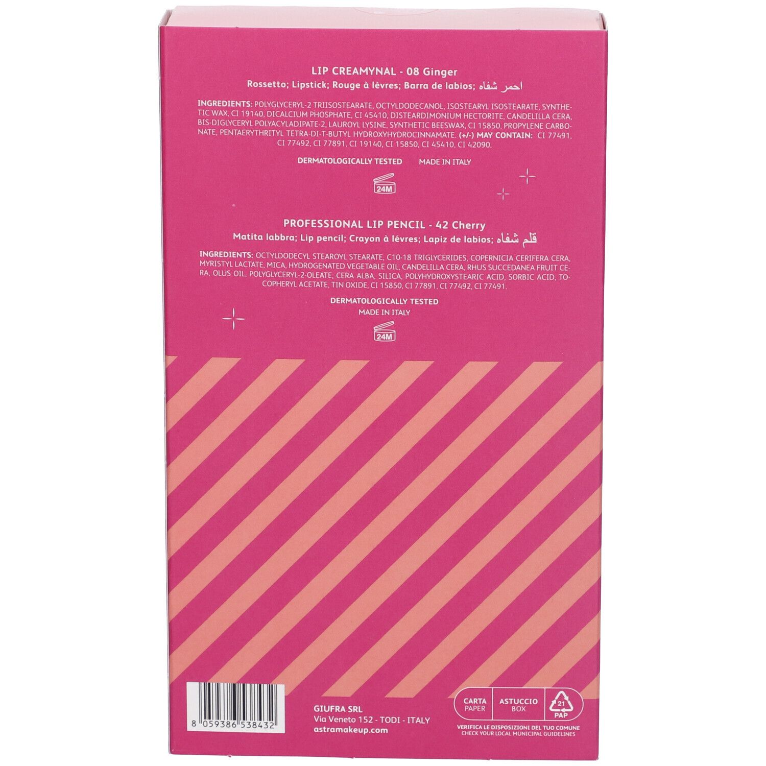 Retro della confezione Astra Make-Up. Contiene nomi dei prodotti, ingredienti e informazioni. Sfondo a strisce rosa. Testo multilingue.