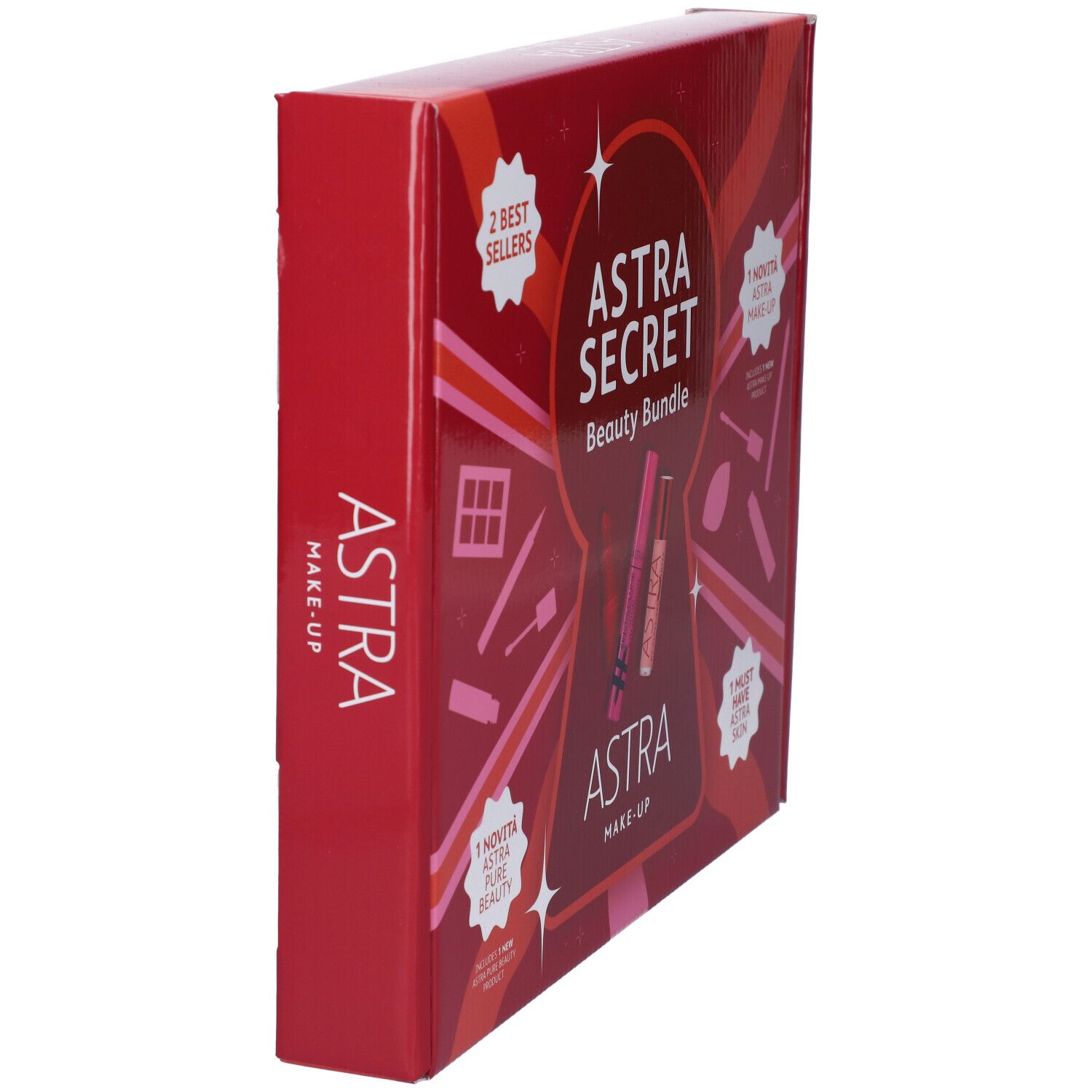 Confezione regalo Astra Secret Beauty Bundle, confezione rossa. Vista laterale con logo Astra Make-up e illustrazioni dei prodotti.