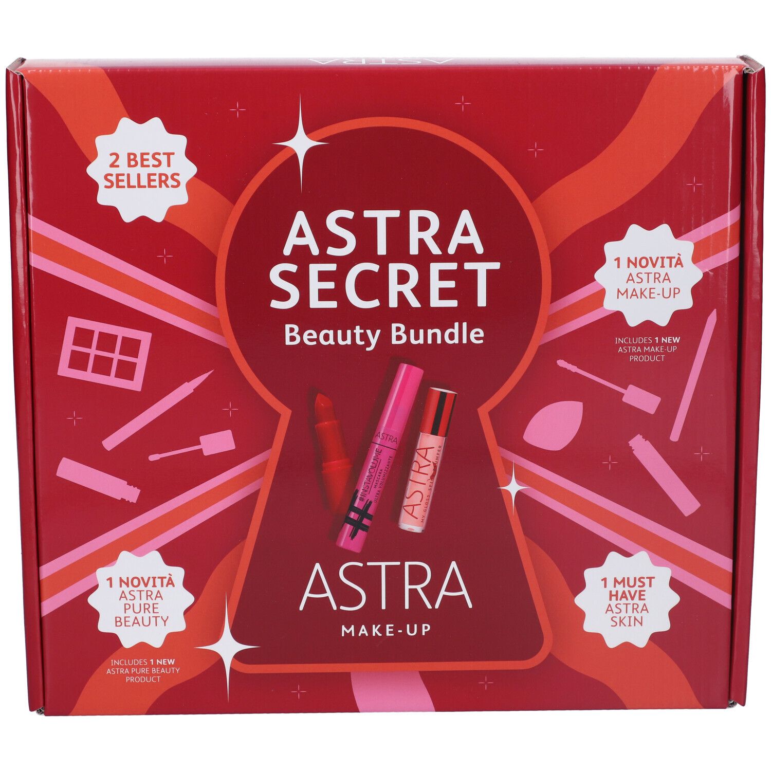 Confezione regalo Astra Secret Beauty Bundle. Confezione rossa con illustrazioni e testo. Contiene prodotti per il trucco.