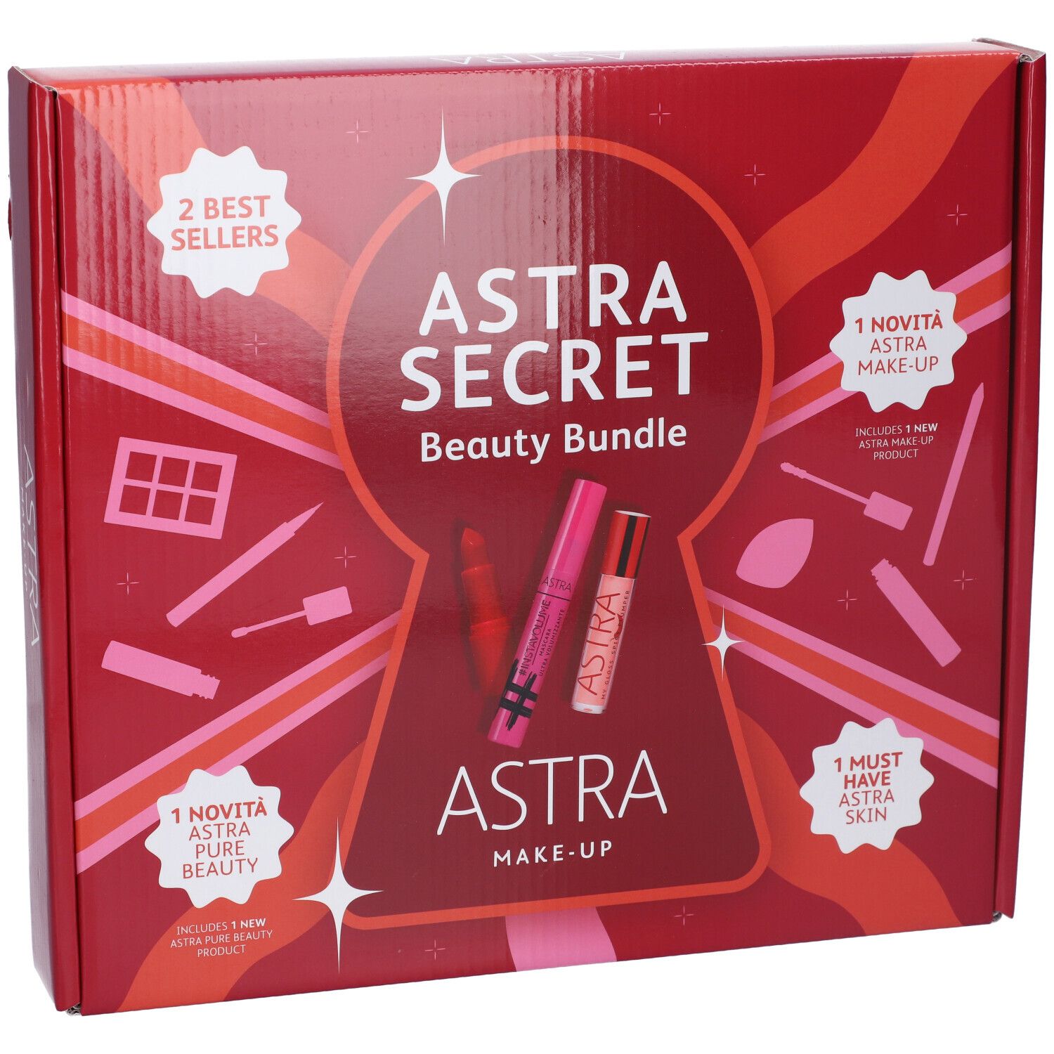Confezione regalo Astra Secret Beauty Bundle. Confezione rossa con illustrazioni e testo. Contiene prodotti per il trucco.